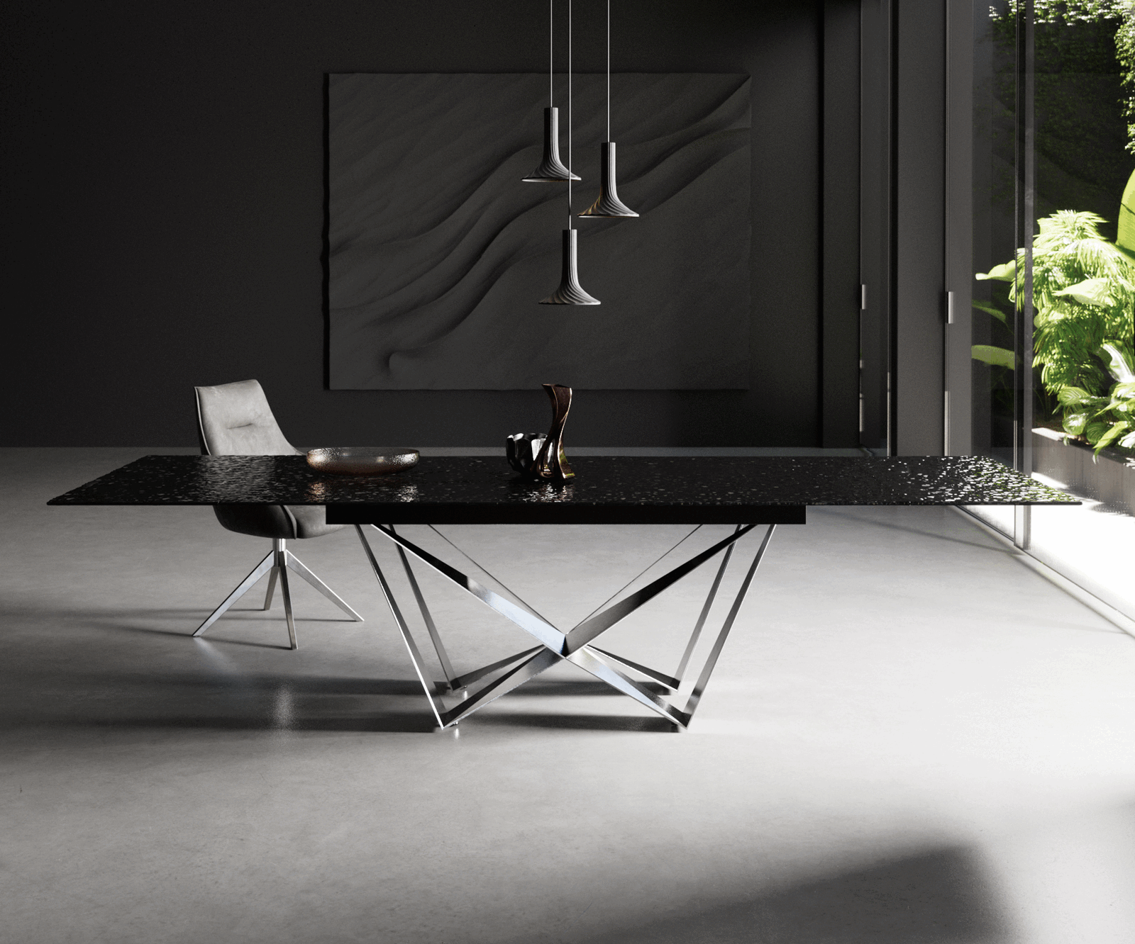 Маса 200-300x100 РелефноСтъкло ОпушеноЧерен 3D-Design Spider плоска стомана Неръждаема стомана разтегателна Edge 2