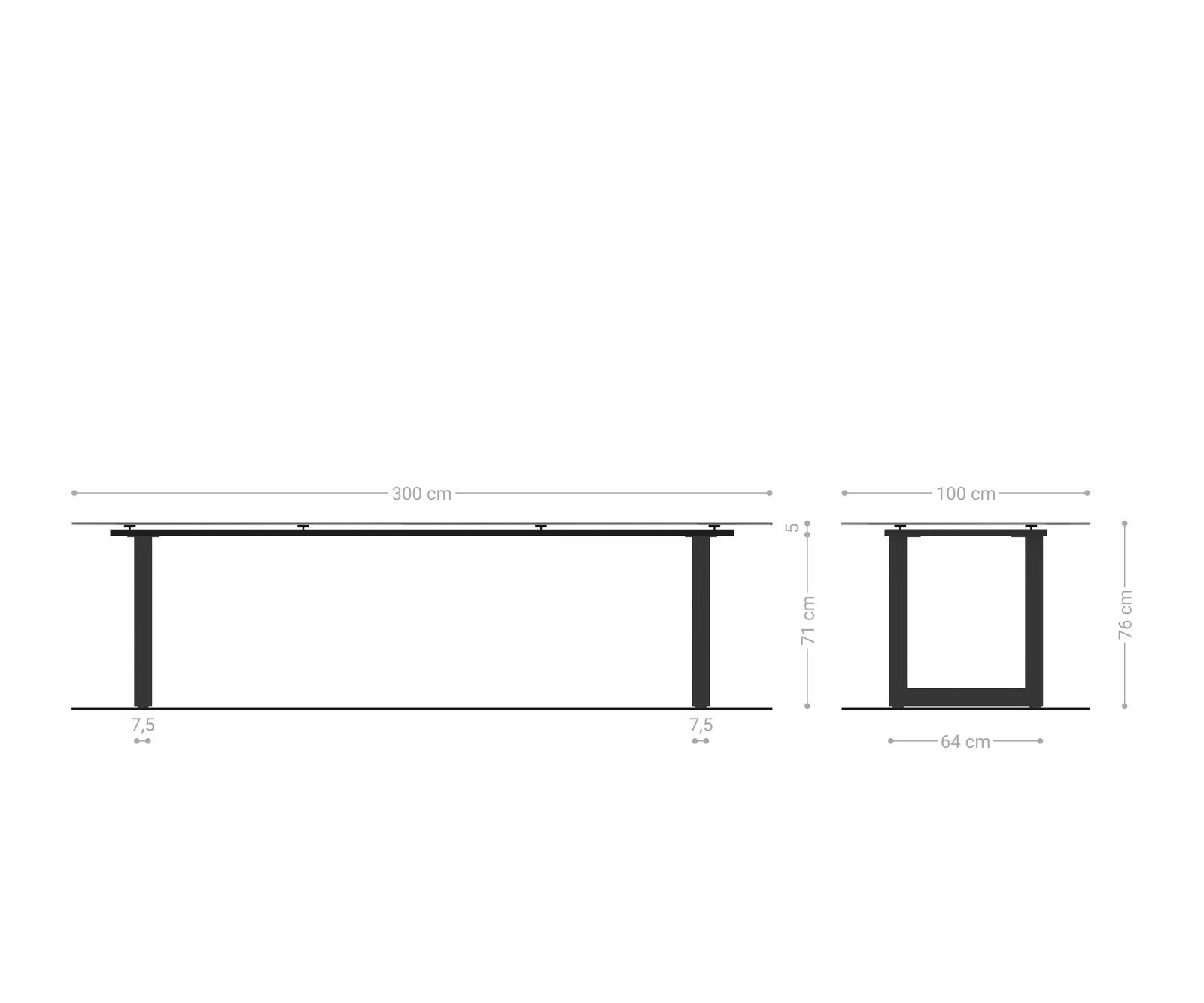 Маса 300x100 Keramik Laminam® Nero Greco Антрацит Неръждаема стомана Широк профил Edge 6