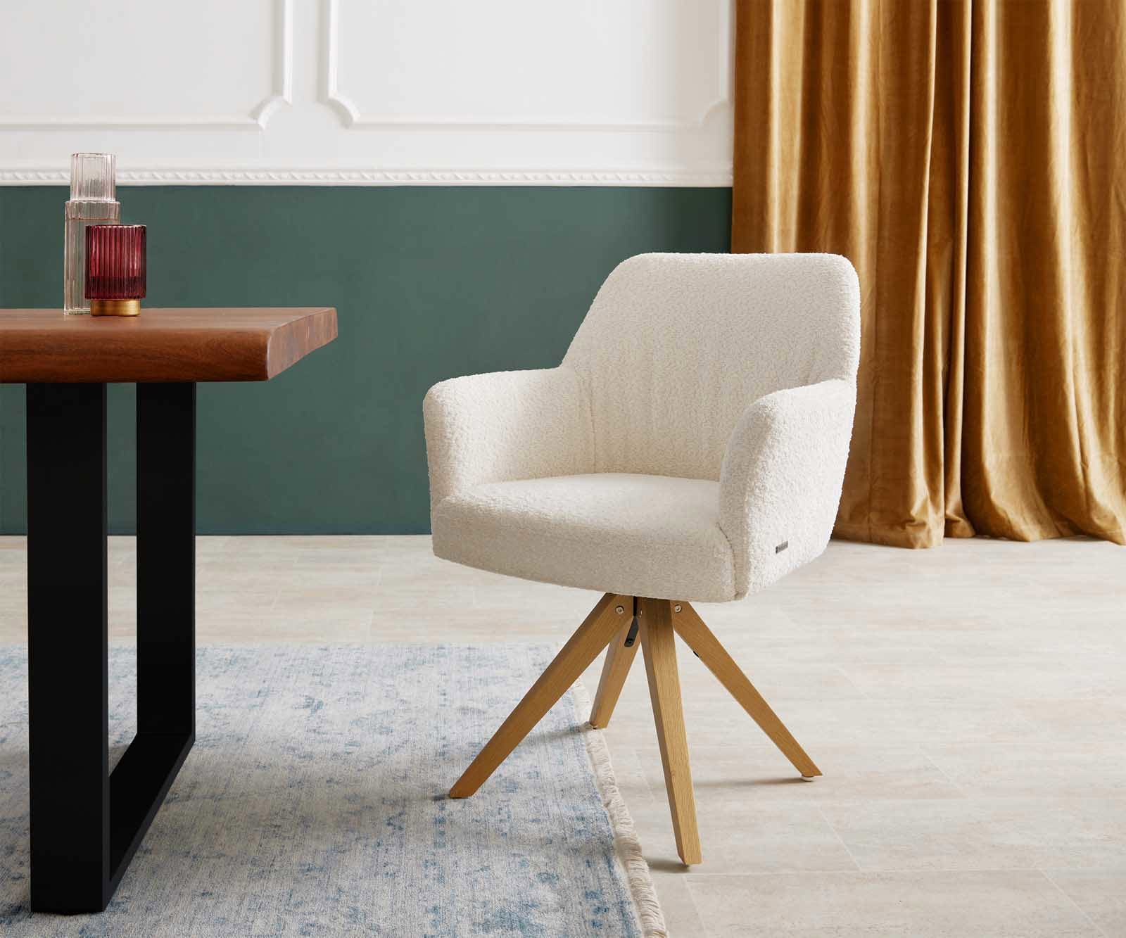 Врътящ се стол с подлакътници Букле Бял Дървена рамка  Натурал 180° въртящ се Покет пружина Xana-Flex Врътящ се стол с подлакътници Букле Бял Дървена рамка  Натурал 180° въртящ се Покет пружина Xana-Flex