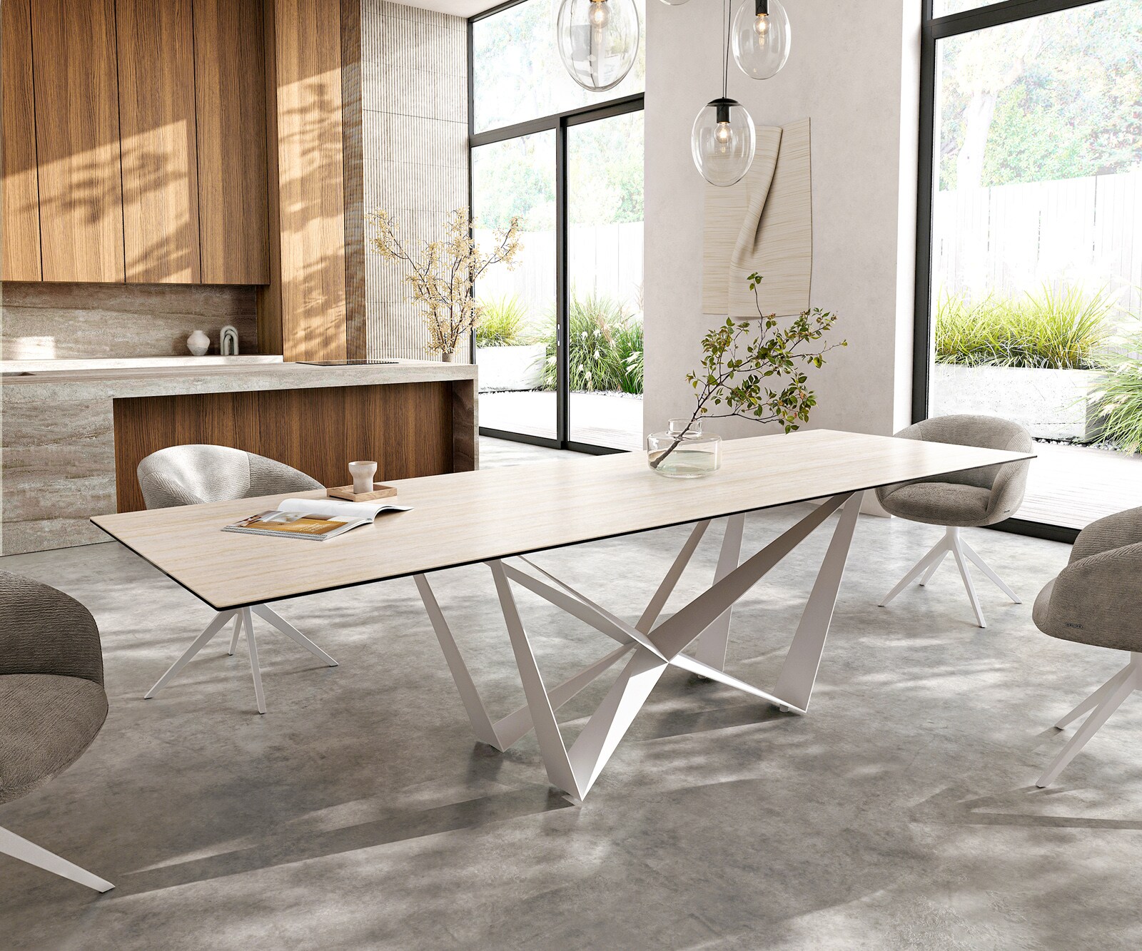 Трапезна маса Edge 300x100, керамика Laminam „®“, Travertino Bianco, кремаво-бяла, Spider, метал, бял 8