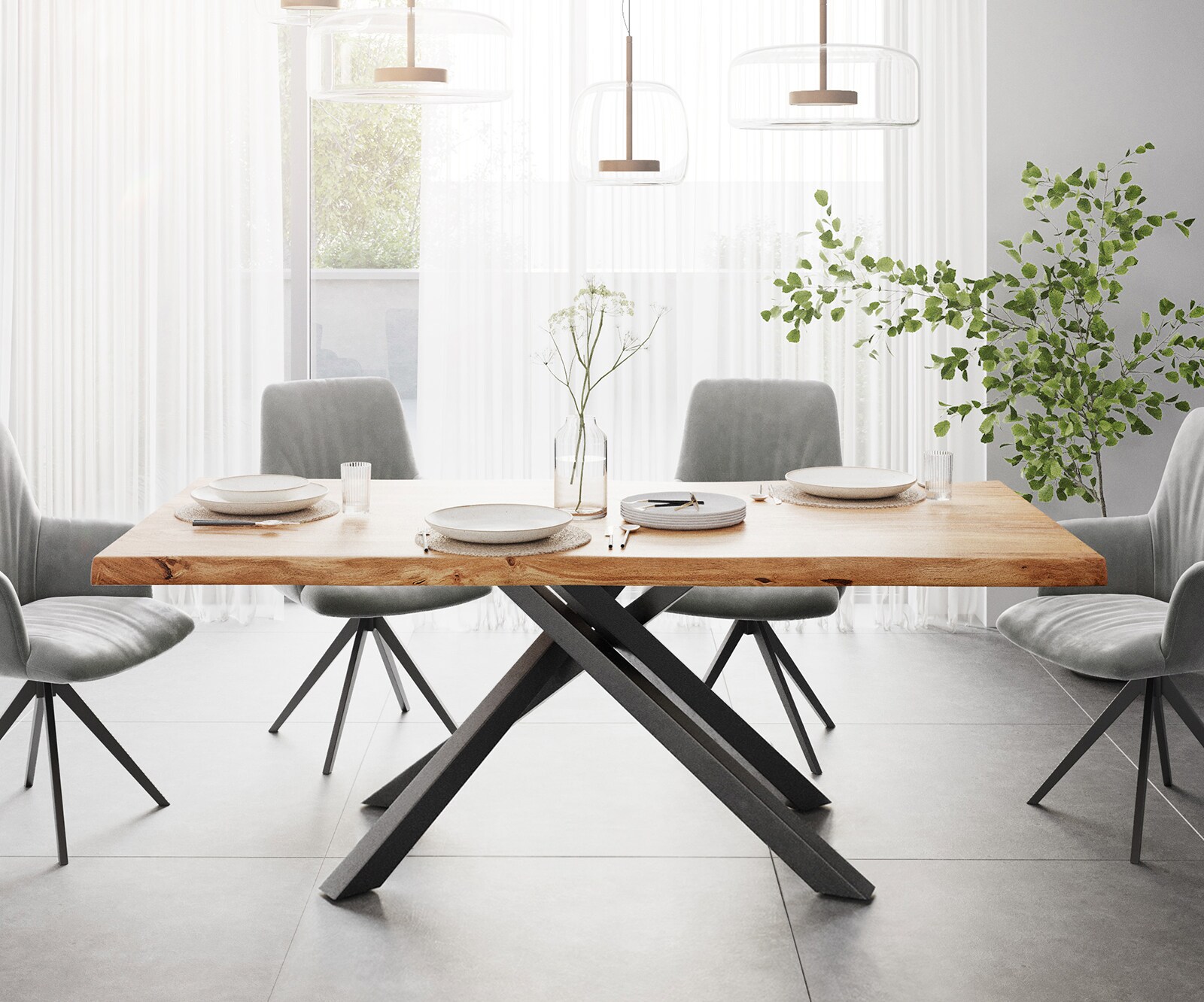 Трапезна маса Edge 200x100 XL, естествена акация, кръстосана конструкция, правоъгълна, черна, с естествени ръбове 2