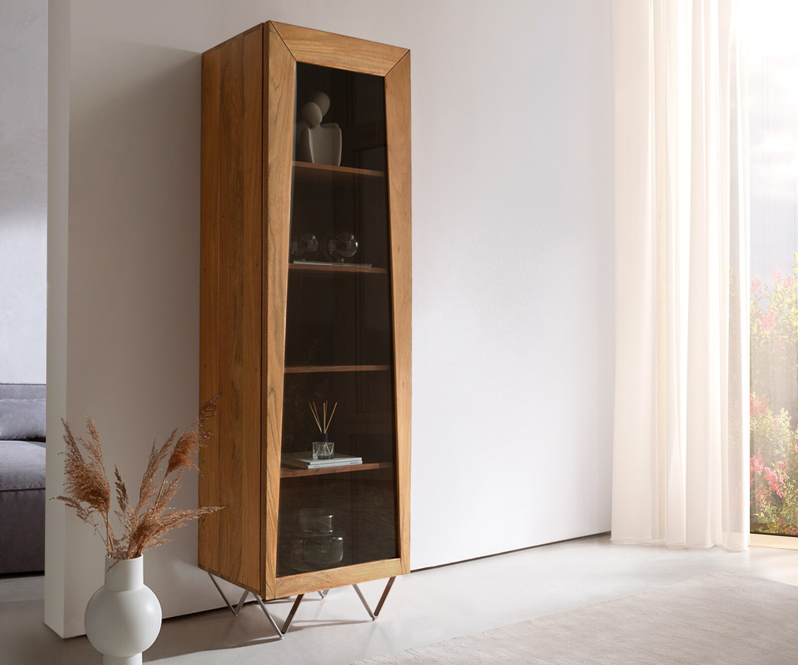Висок шкаф 55x180 cm Акация Натурал витрина 1 Врата V-Крак Kayu