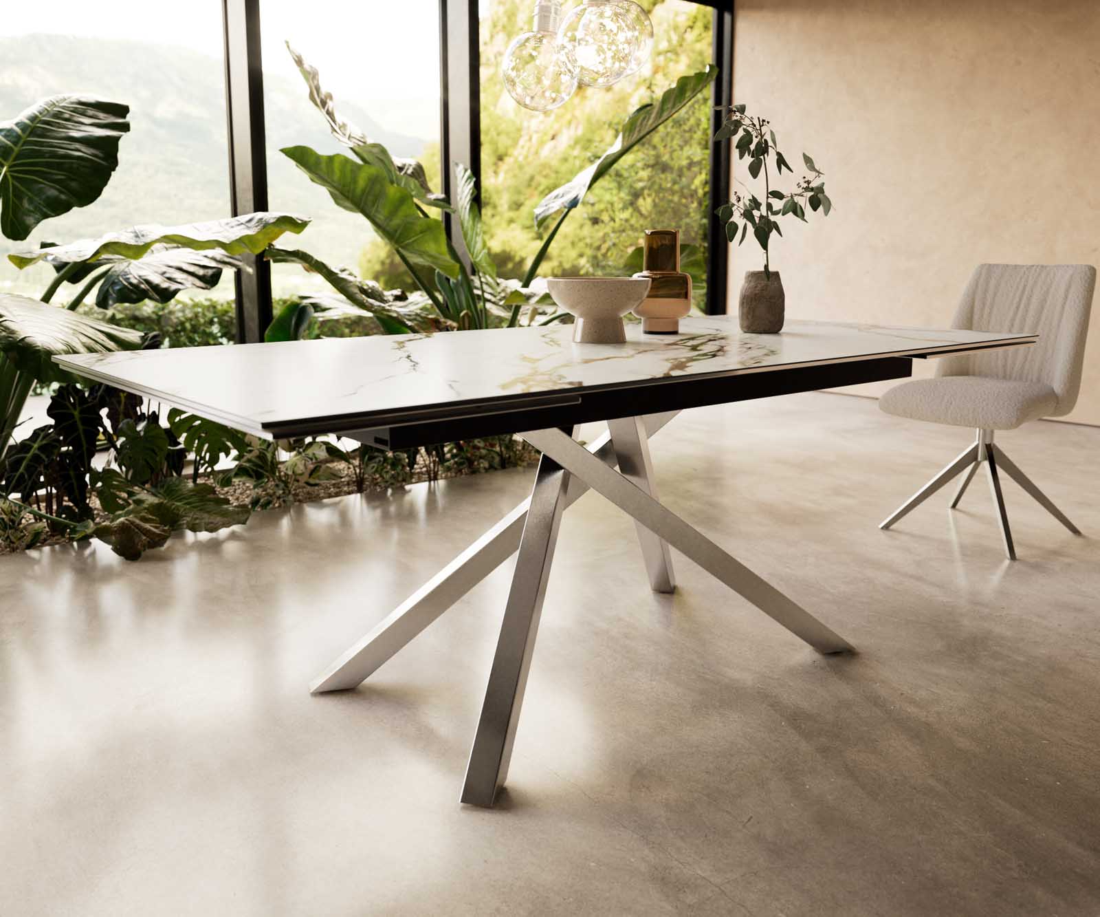 Разтегателна трапезна маса Edge 200-300x100 см Керамика Calacatta Luxe Бял-Злато-Сив Кръсртовидна основа Сребристосива 6