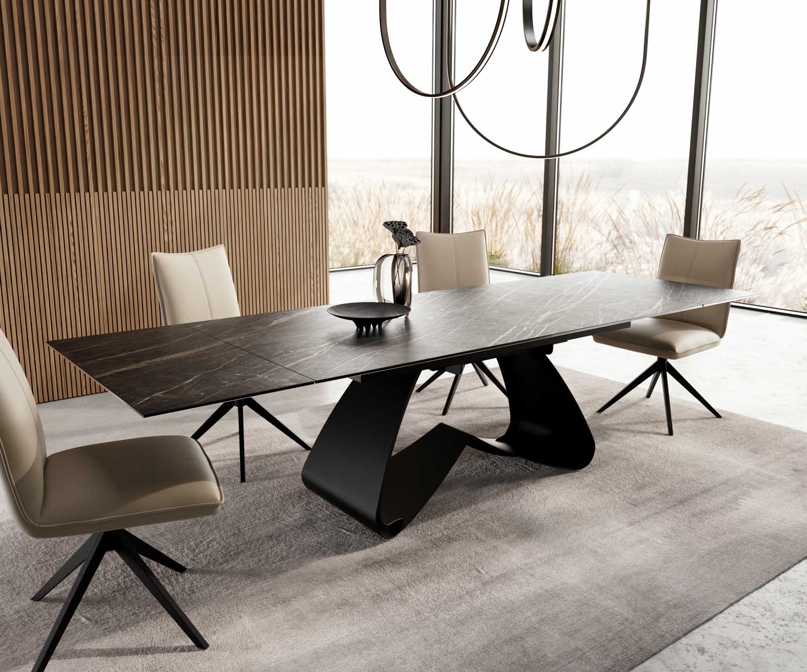 Разтегателна трапезна маса Edge 200-300х100 см Керамика Laminam®Noir Desir Тъмнокафяв W-образна основа Черен  7