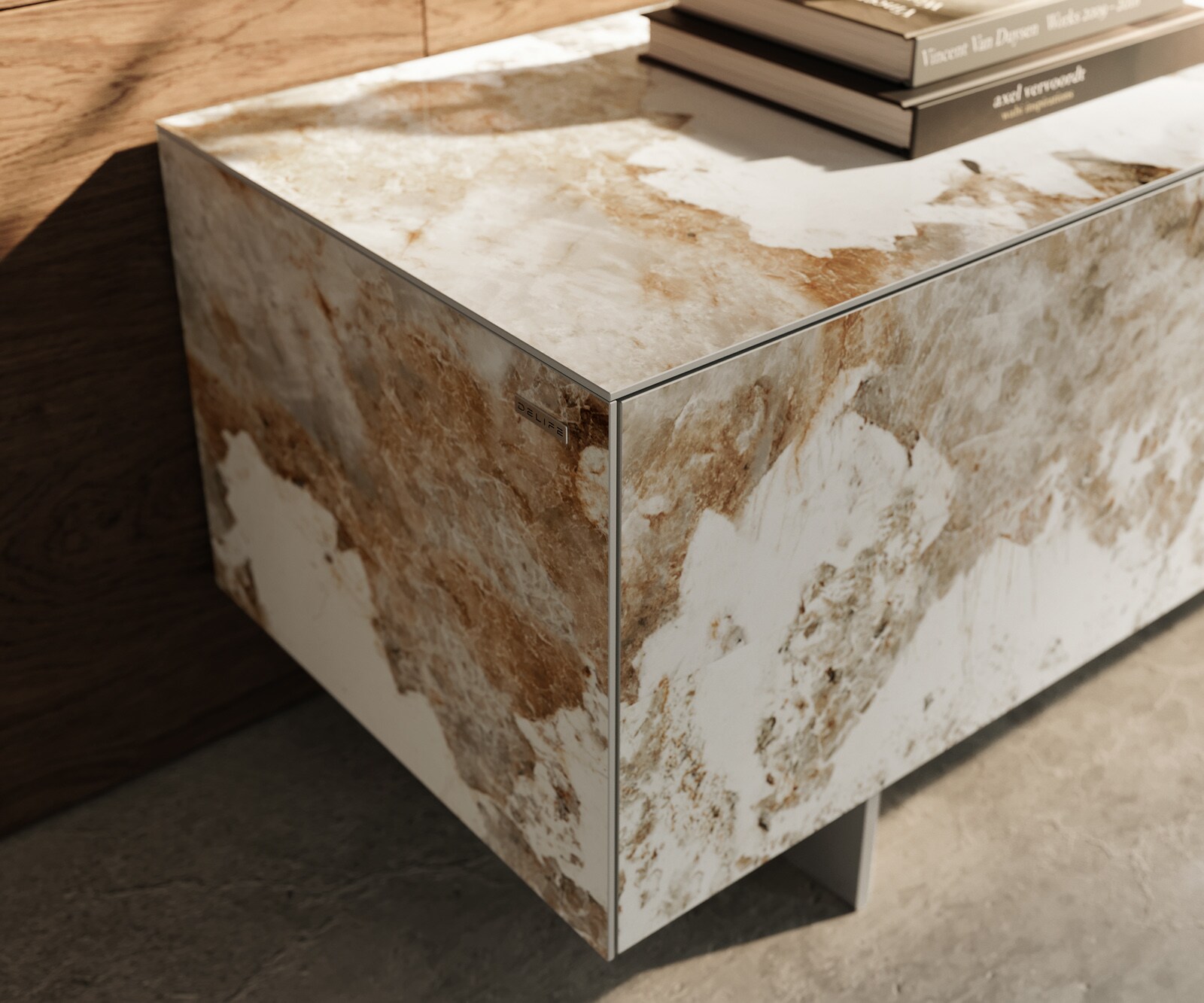 Нисък плот Cuor 220 см керамика Minas Melange Бяло-бежово 1 клапа 2 чекмеджета Основа Плаващ вид неръждаема стомана 6