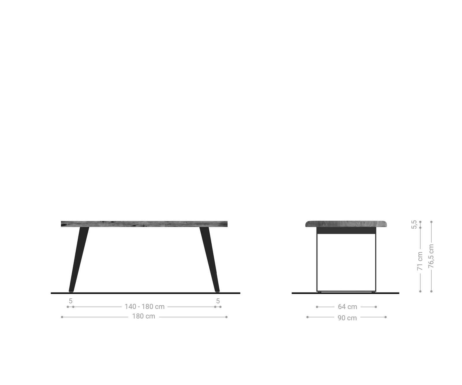 Трапезна маса Edge 180x90 XL от естествена акация с метални елементи и наклонена естествена повърхност 6