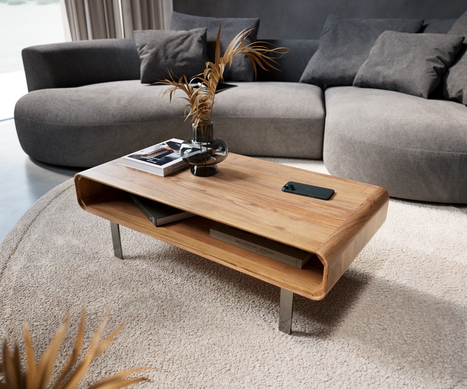 Масичка за кафе Anaya 100x50 cm естествена акация 1 рафт L-крак от неръждаема стомана