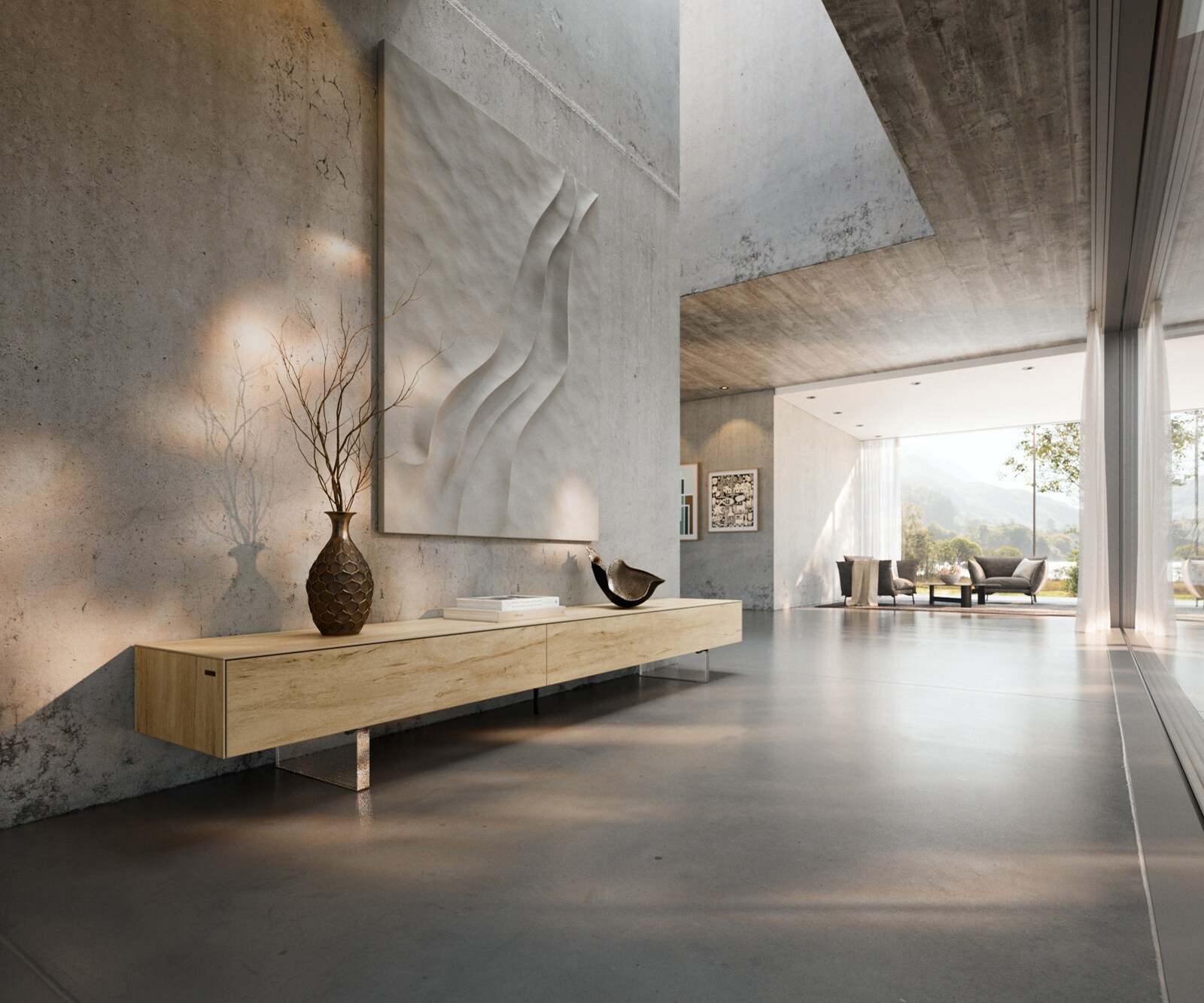 Ниска дъска Cuor 250 cm Керамичен ламинат® Sabbia Дъбов цвят 1 клапа 1 чекмедже Основа Плаващ вид акрилно стъкло 1