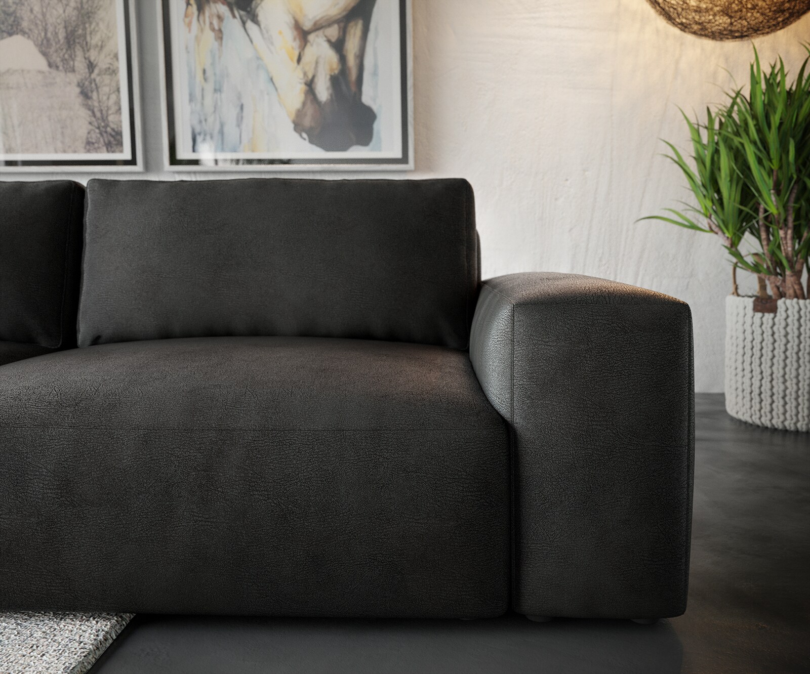 Ъглов диван Lanzo XL 270x180 см, Имитация на кожа, Винтидж Антрацит, Лява/Дясна Лежанка, с табуретка 4