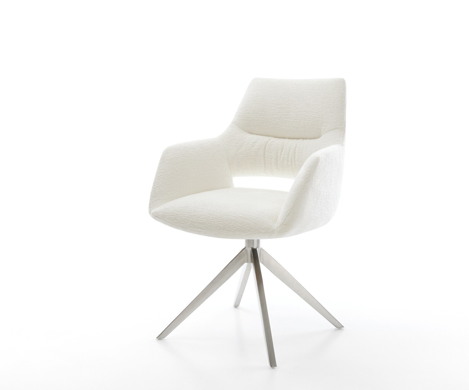 Въртящ се стол Yago-Flex с подлакътници, Букле Светлобежово, Широка кръстосана рамка, Неръждаема стомана, Въртене на 360°, Люлееща се функция, Ядро от джобни пружини 1