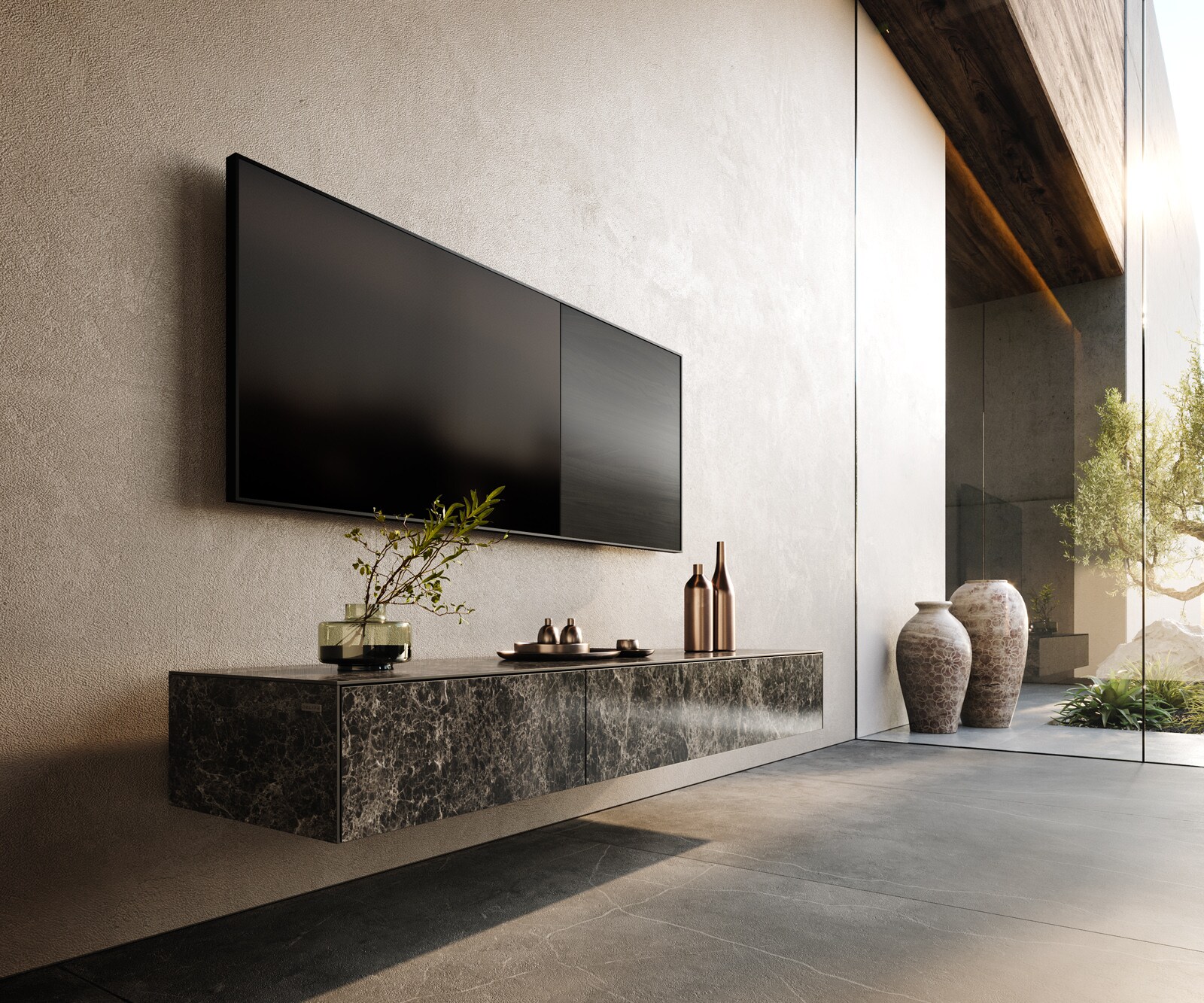 Стенен ТВ шкаф Cuor 150 см Керамика Laminam® Emperador Extra Lucidato Тъмно-кафяво 1 врата 1 чекмедже 