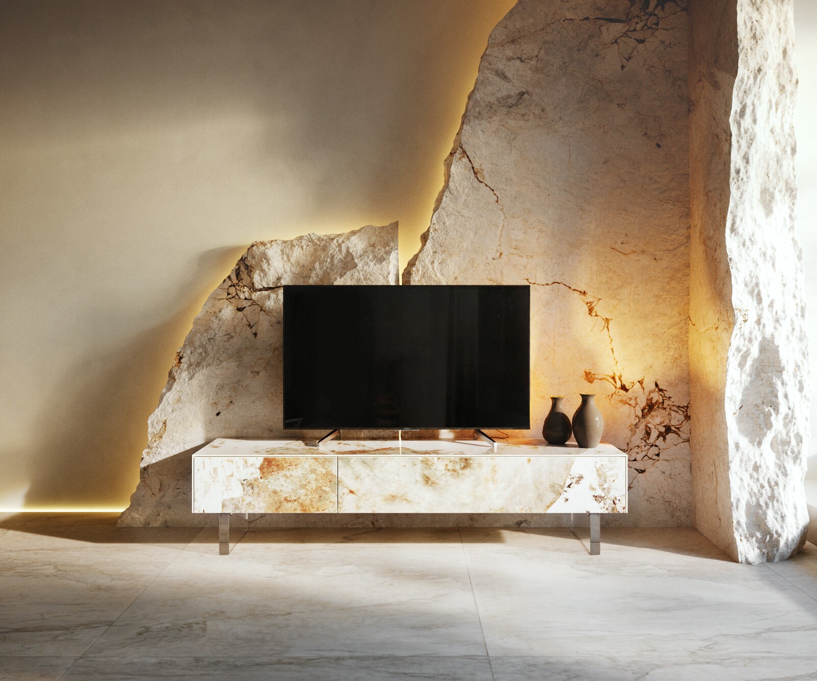 Ниска дъска Cuor 150 см Керамика Minas Melange Бяло-бежово 1 клапа 1 чекмедже Основа Плаващ вид акрилно стъкло