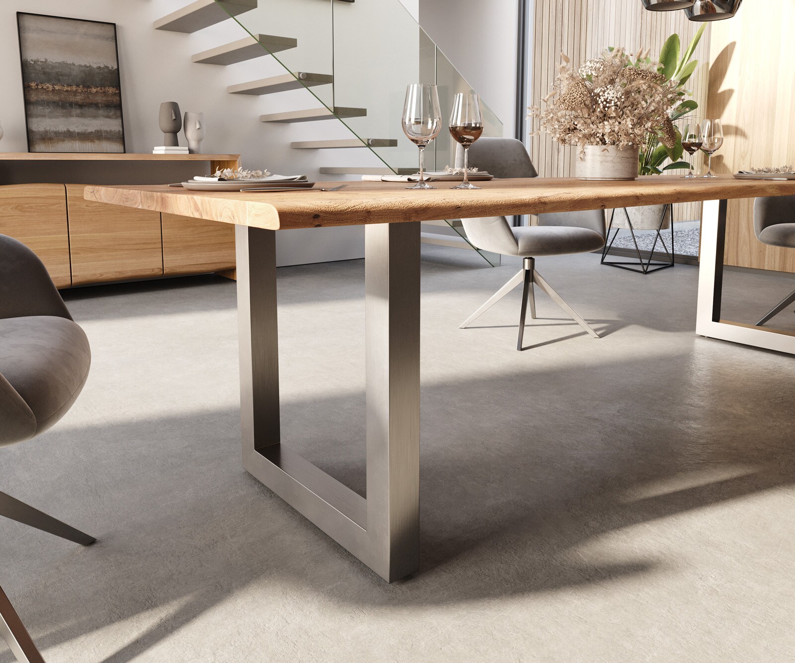 Трапезна маса Edge 300x100 от естествена акация, неръждаема стомана, широка, с естествени ръбове 5