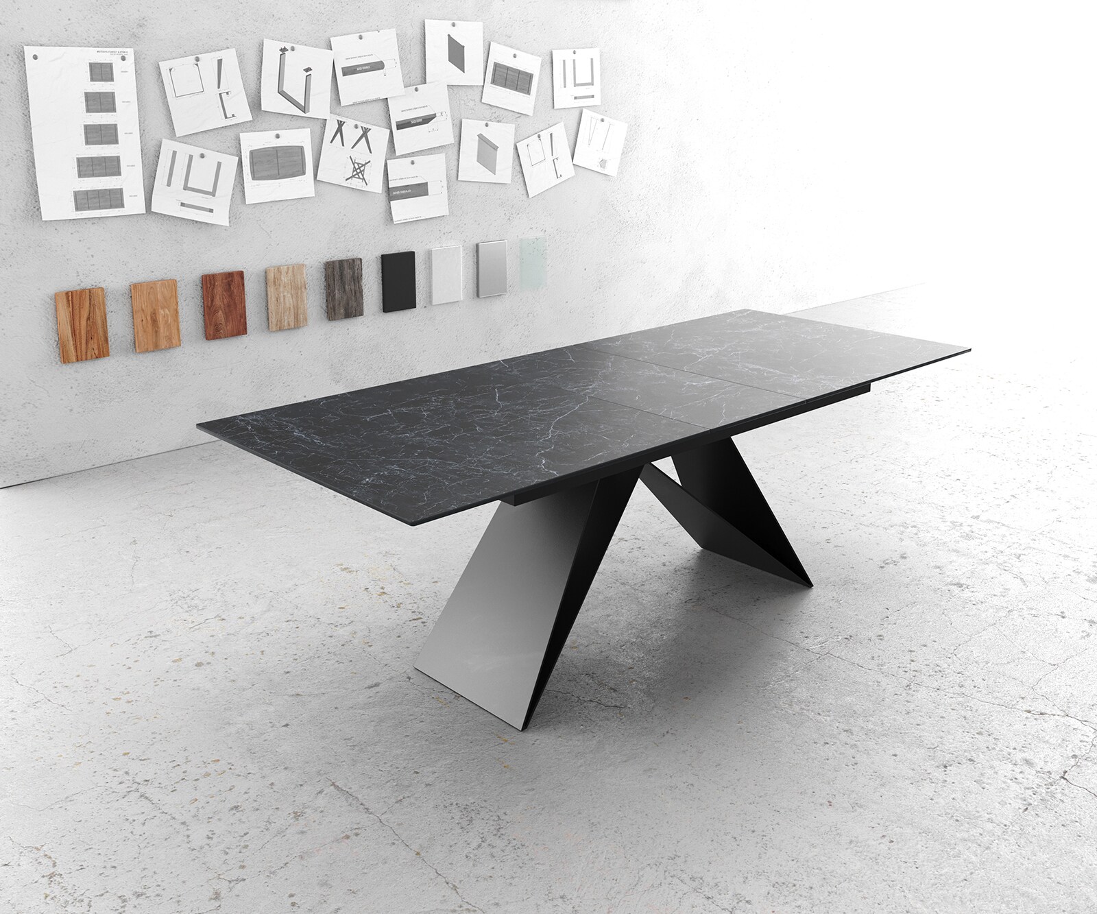 Маса 180-220x90cm Keramik Laminam®Nero Greco Антрацит V-среден крак Черен разтегателна Edge