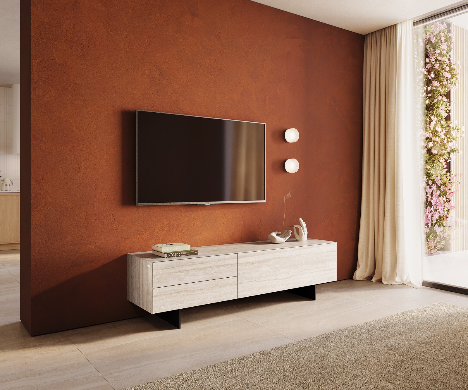 ТВ шкаф Cuor 180 см Керамика Laminam® Travertino Bianco Крем-бяло 1 врата 2 чекмеджета Основа Метал Черен