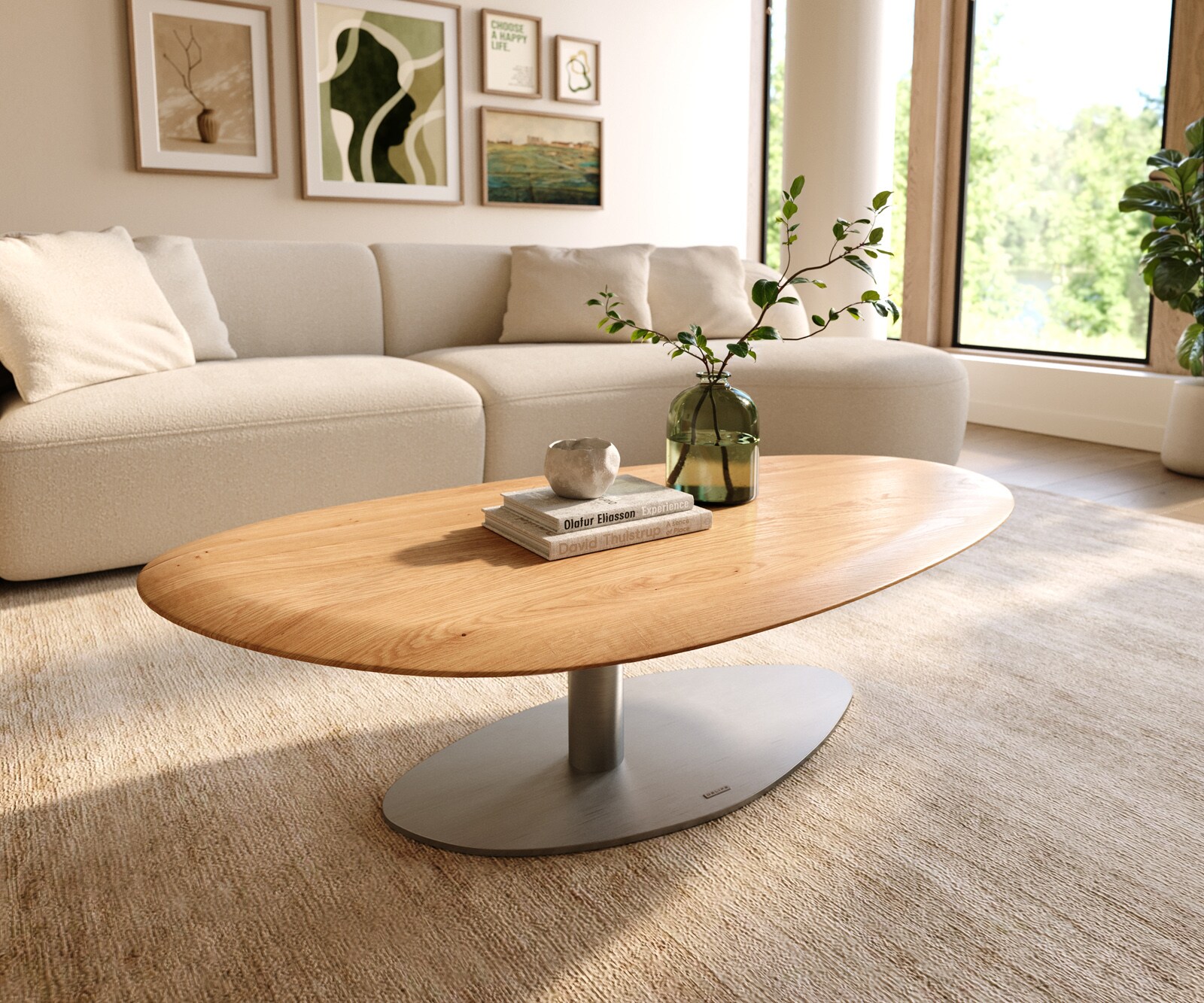 Масичка за кафе Edge Oval 140x75 cm естествен дъб кръгъл ръб Vibany матирана неръждаема стомана 1