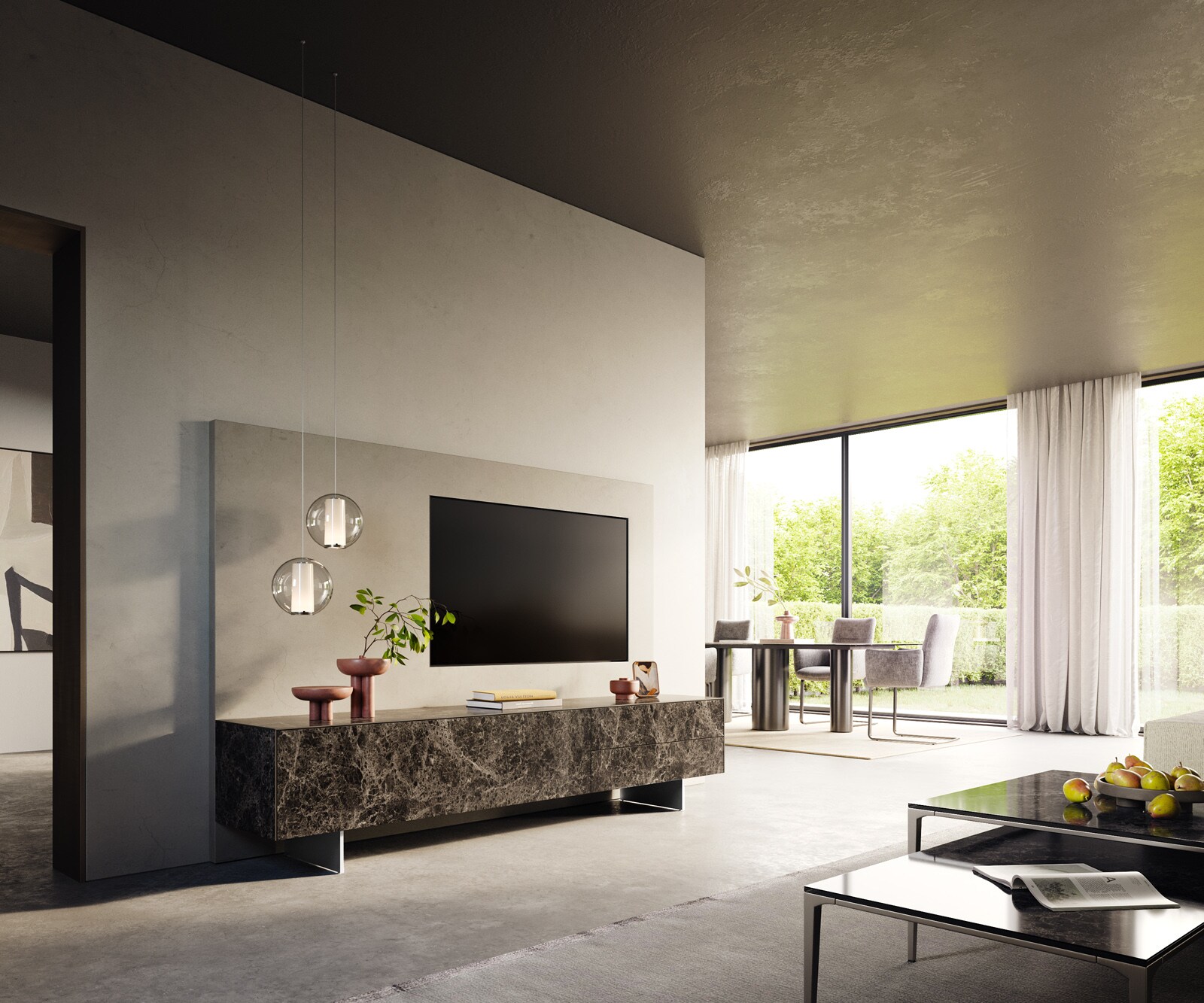 ТВ шкаф Cuor 220 см Керамика Laminam® Emperador Extra Lucidato Тъмно-кафяво 1 врата 2 чекмеджета Основа Неръждаема стомана 6