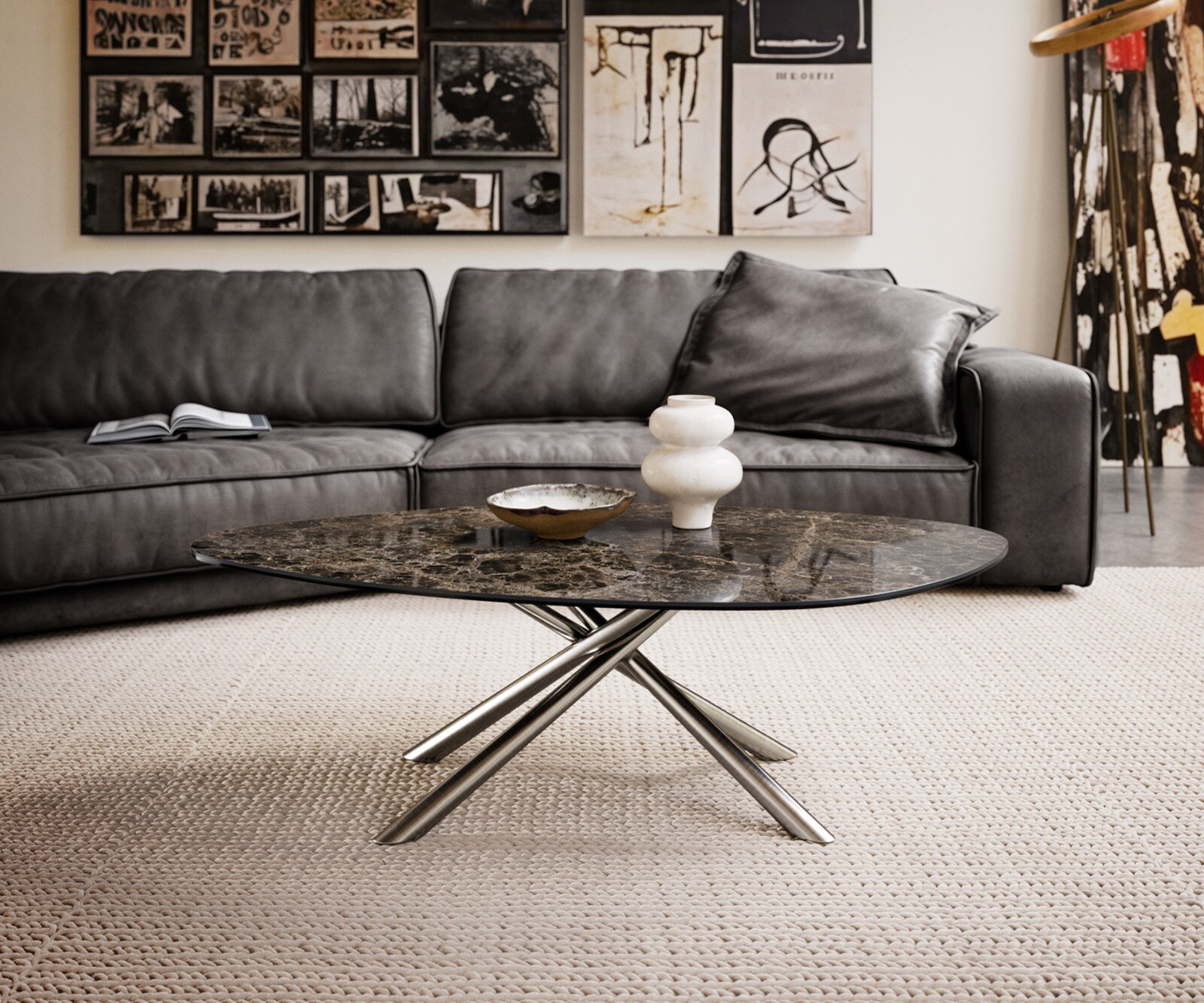 Масичка за кафе Edge Organic 140x76 cm Керамичен ламинат® Emperador Extra Lucidato Тъмнокафяво Sarity Матирана неръждаема стомана 2