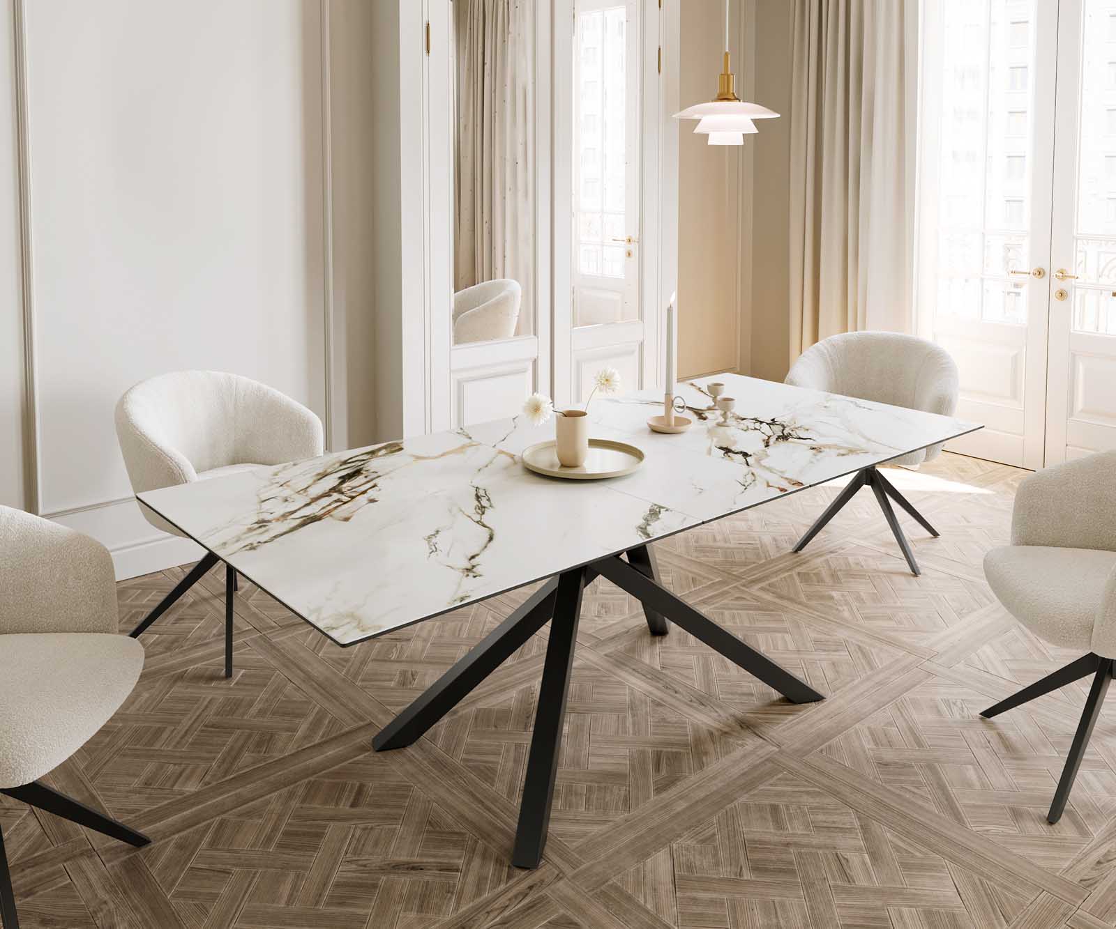 Разтегателна трапезна маса Edge 180-220х100 см Керамика Calacatta Luxe Бял-Злато-Сив Кръсртовидна основа Черен