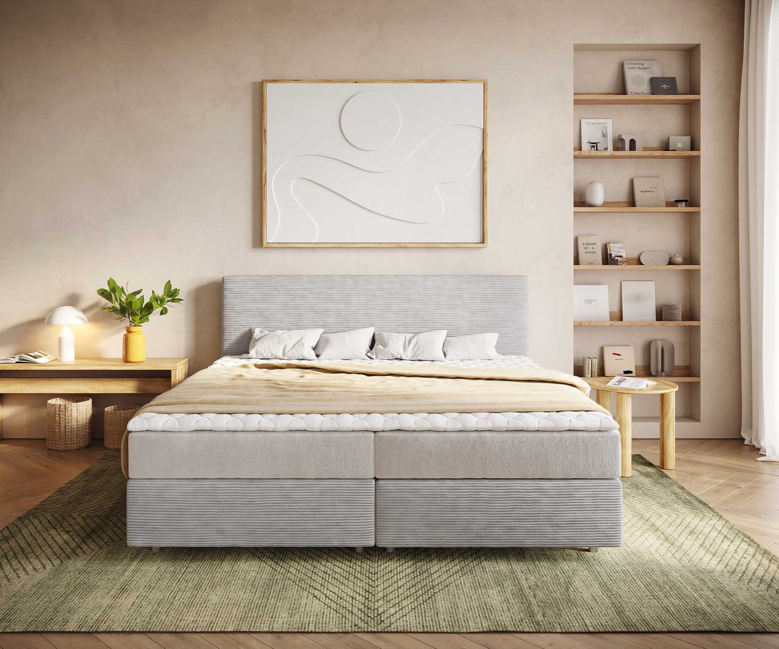 Boxspring легло Dream-Well Cord сребристо сиво 200x200 cm с джобен пружинен матрак и топер Visco 1