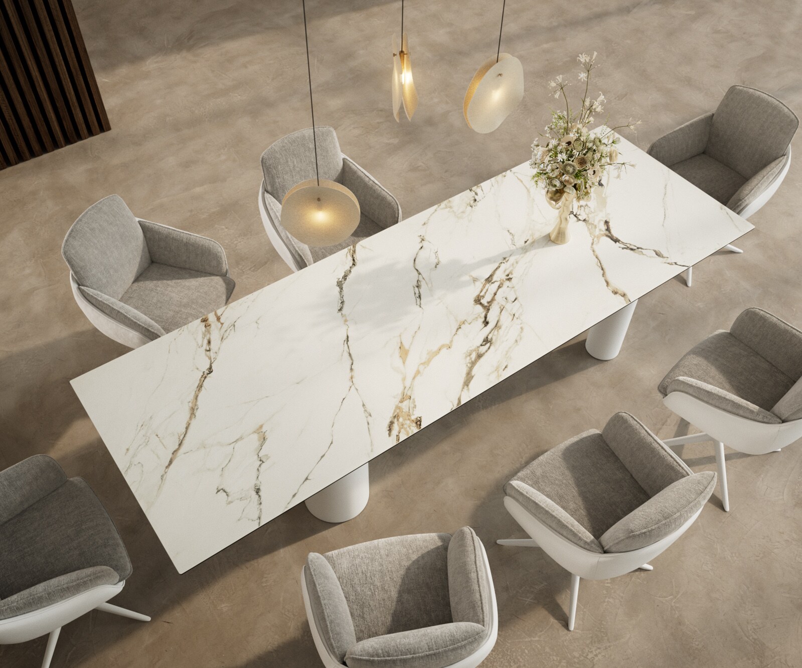 Трапезна маса Edge 300x100, керамика Calacatta Luxe, бяло-златно-сиво, метална основа Pilier, бяла 3