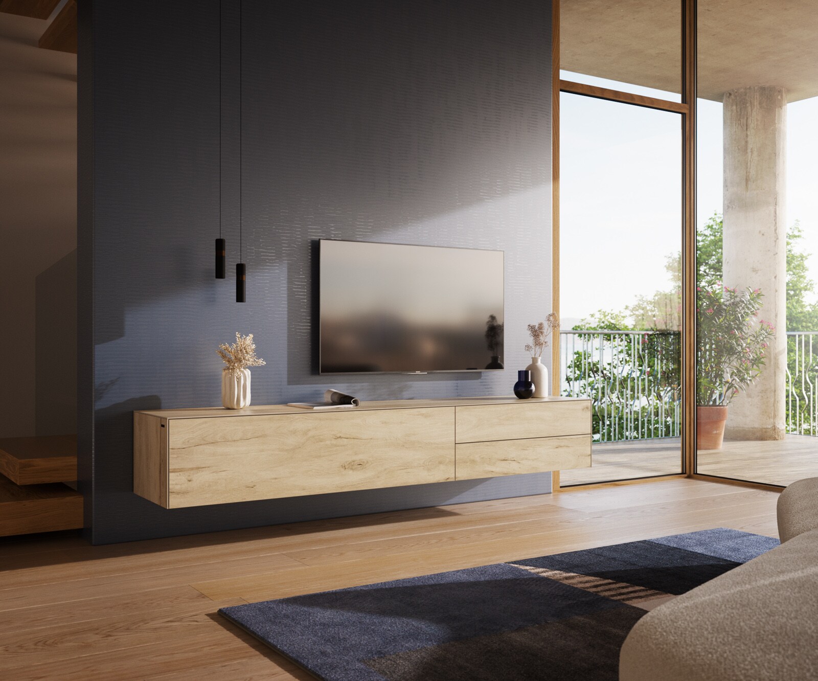 Стенен ТВ шкаф Cuor 220 см Керамика Laminam® Sabbia Дъб цвят 1 врата 2 чекмеджета 