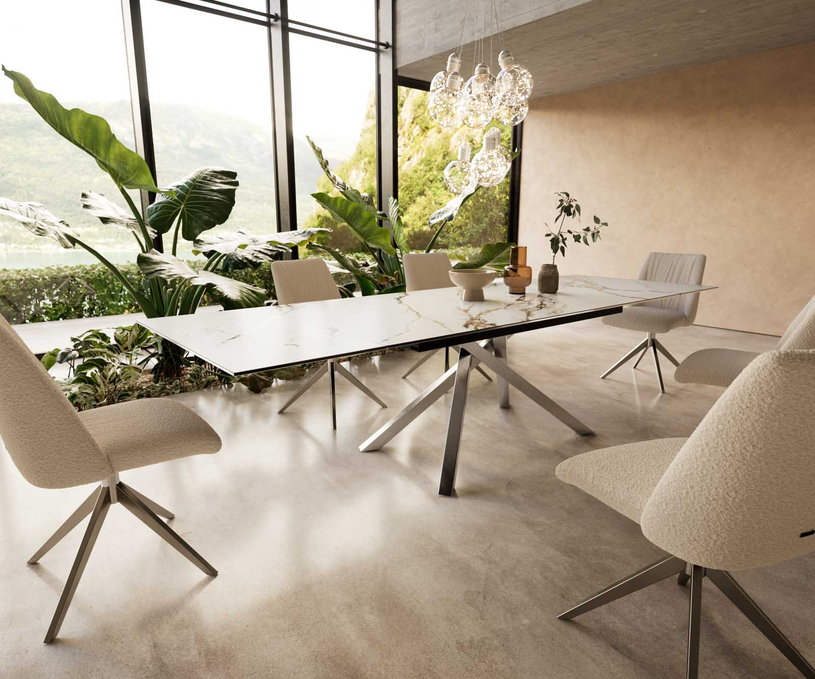 Разтегателна трапезна маса Edge 200-300x100 см Керамика Calacatta Luxe Бял-Злато-Сив Кръсртовидна основа Сребристосива