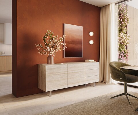 Бюфет Cuor 180 см Керамика Laminam® Travertino Bianco Кремаво-бяло 2 врати 3 чекмеджета Основа Акрилно стъкло