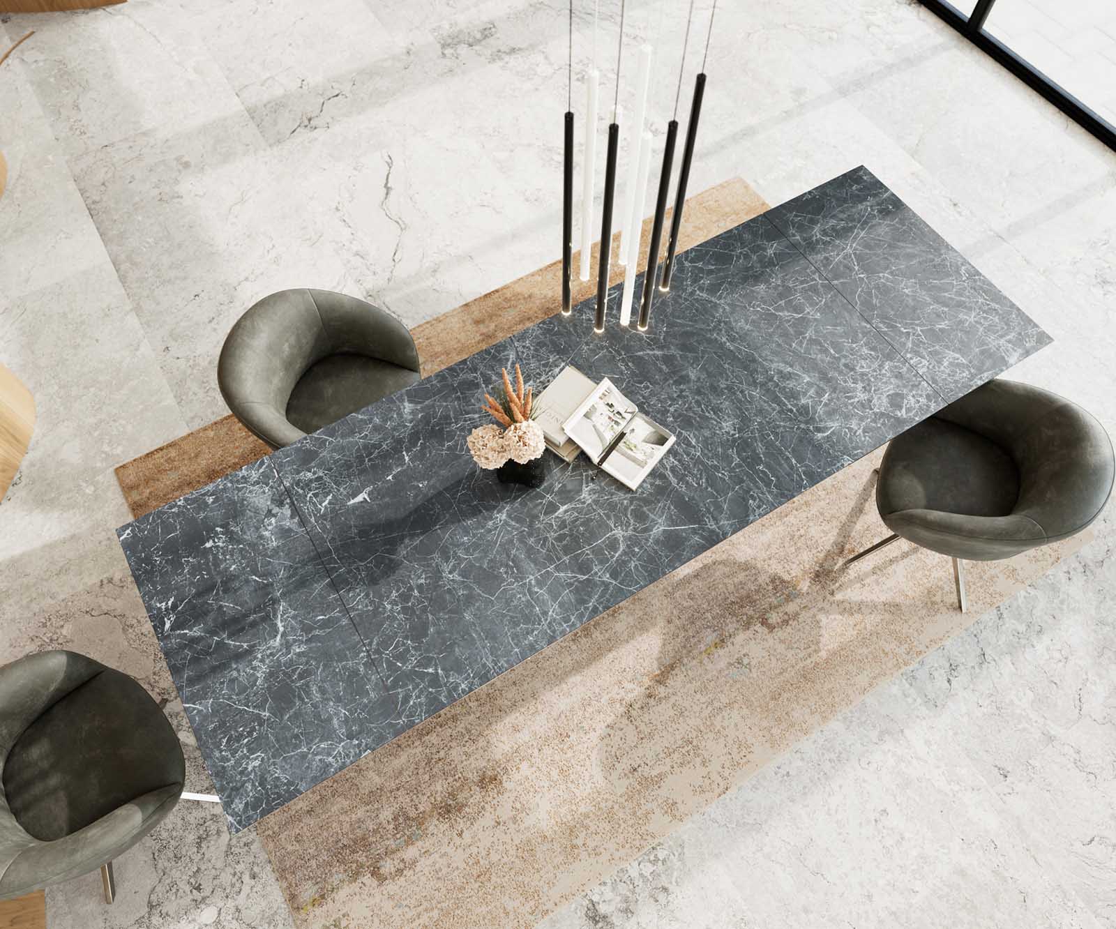 Разтегателна трапезна маса Edge 200-300х100 см Керамика Laminam® Nero Greco Антрацит Кръсртовидна основа Сребристосив 4