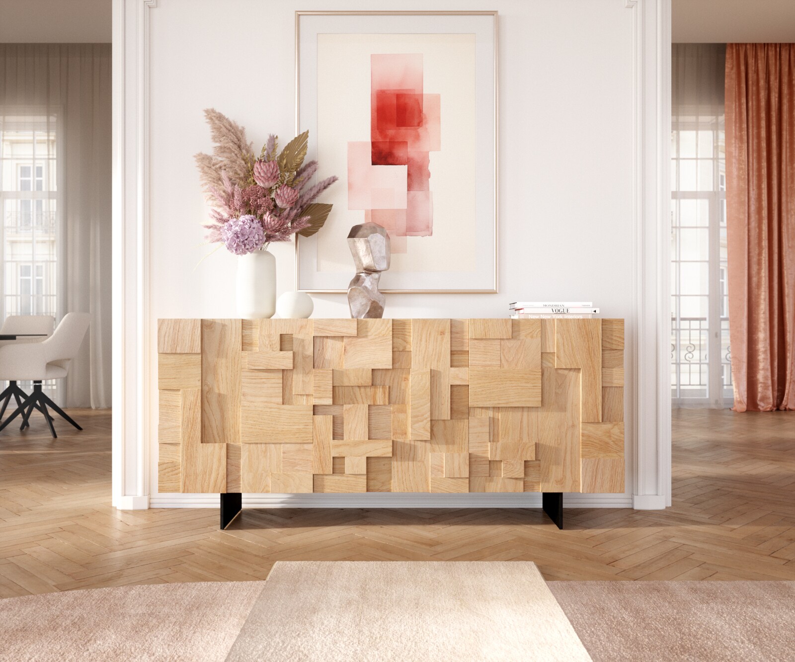 Бюфет Пъзел 175 см естествен дъб 3 врати основа плаващ метал черен 1