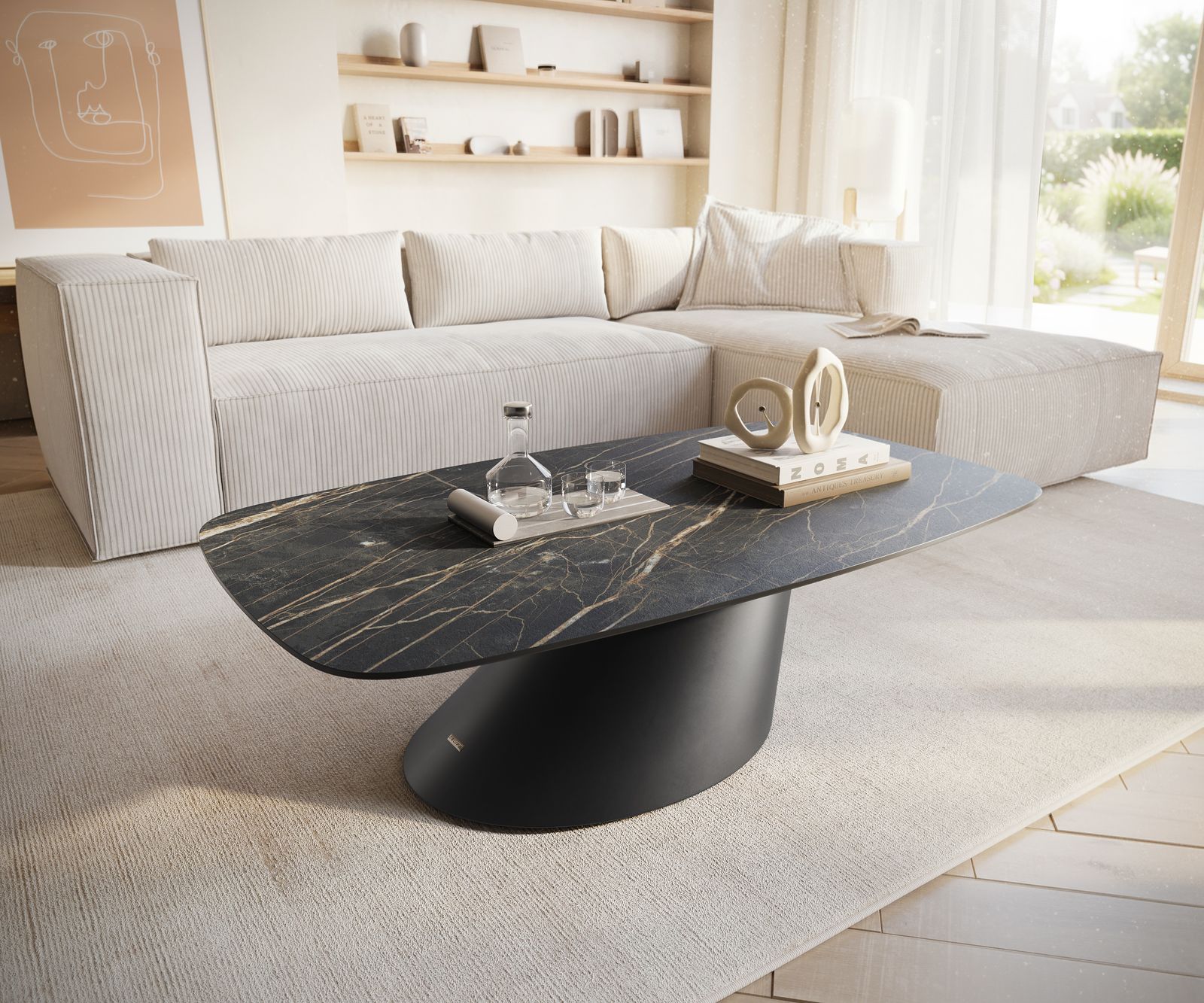 Масичка за хол Edge Boot 120x70 см, керамика Laminam, ®, Noir Desir, кафяво, Conis, метал, черно
