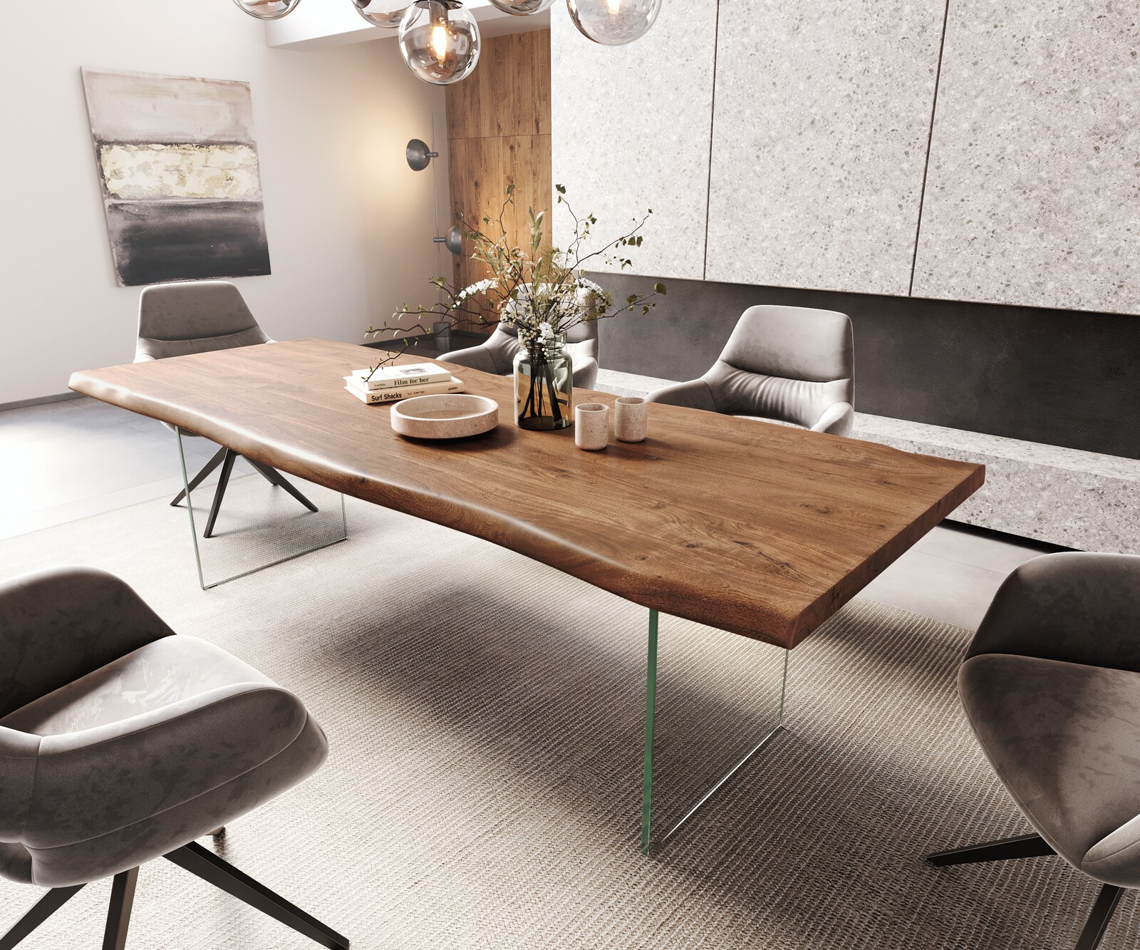 Трапезна маса Edge 260x100 XL от акация, кафява, със стъкло и естествени ръбове 1