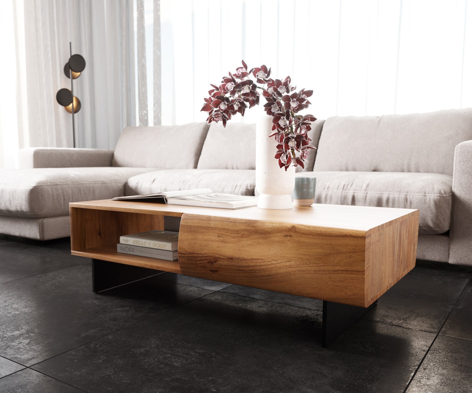 Холна маса New Live-Edge 115x60 см Масив акация, 2 чекмеджета и 1 отделение, метална, черна основа с плаващ дизайн