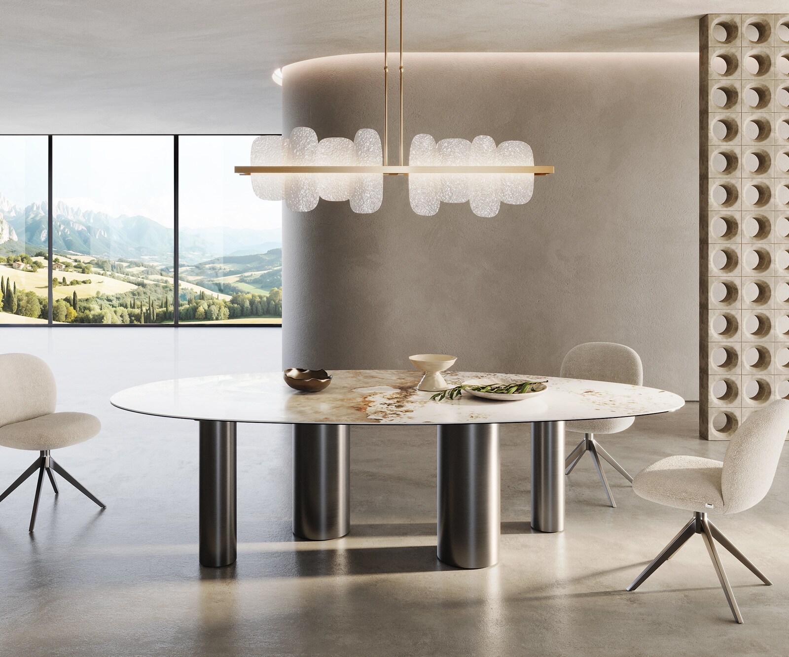 Трапезна маса Edge Oval 280x130, керамика Minas Melange в бяло-бежово, Pilier от неръждаема стомана в графитен цвят