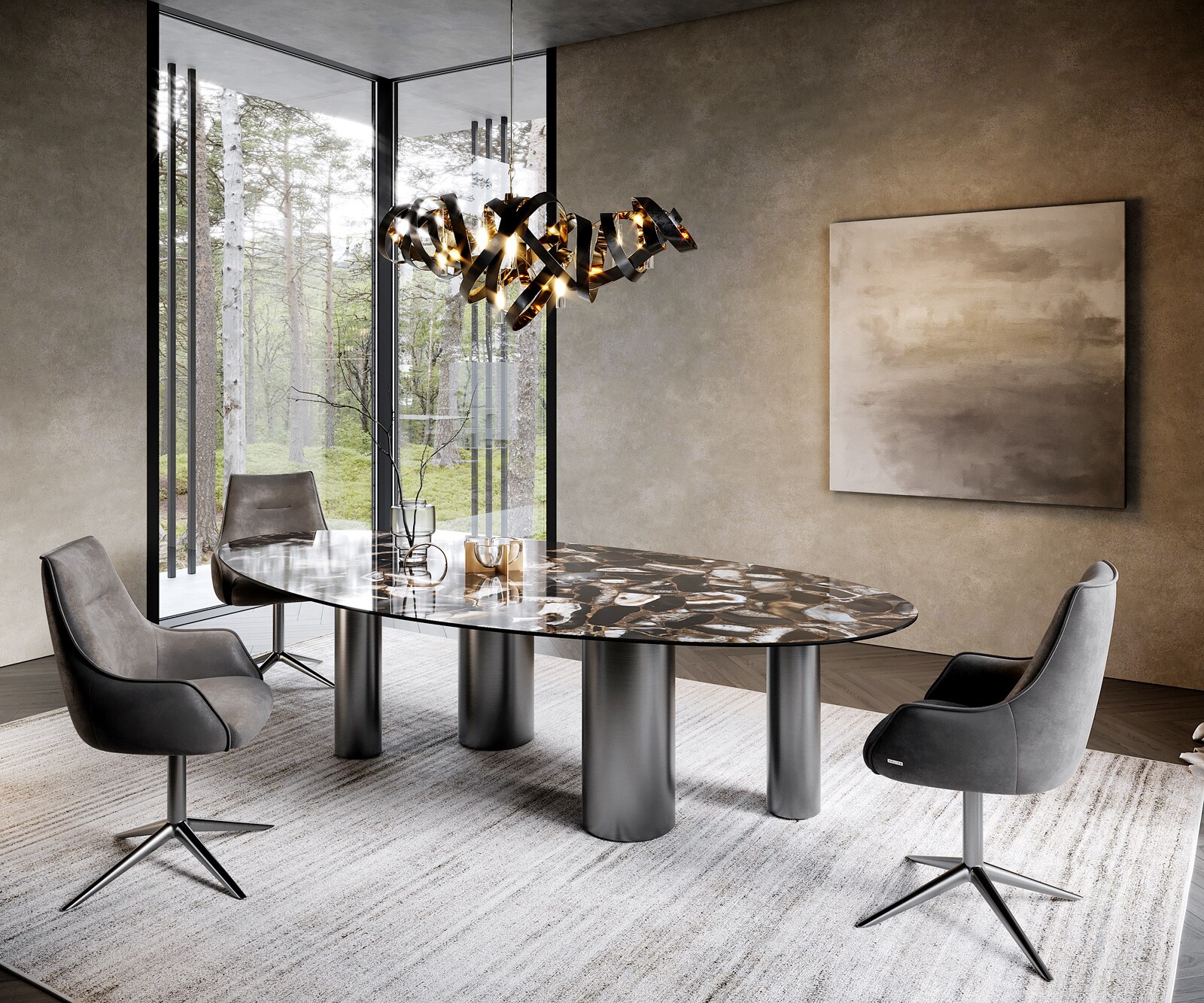 Edge Овална маса за хранене 280x130 керамика Iris FMG Agatablack Pilier неръждаема стомана графит 5