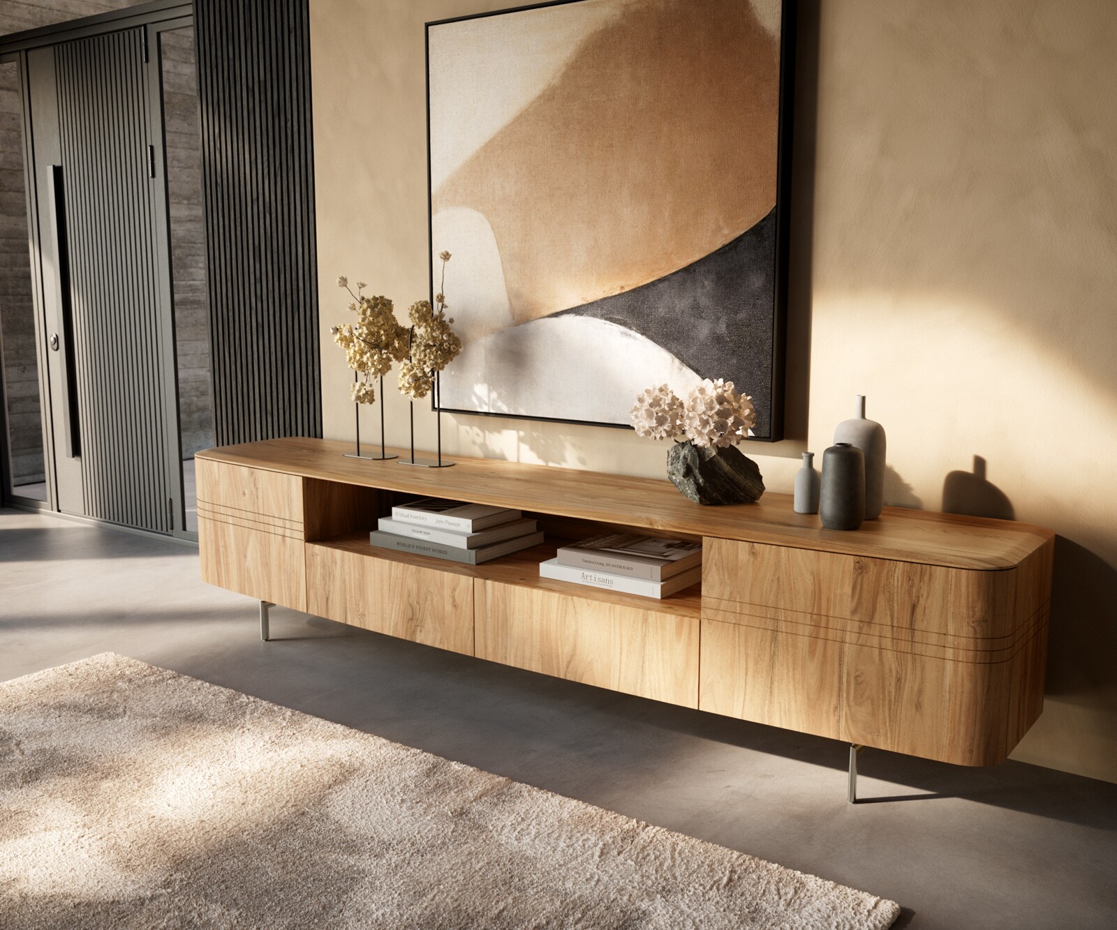 ТВ шкаф Nagaru 240 cm Acacia Aura 2 врати 2 чекмеджета 1 рафт Овална основа Неръждаема стомана 1