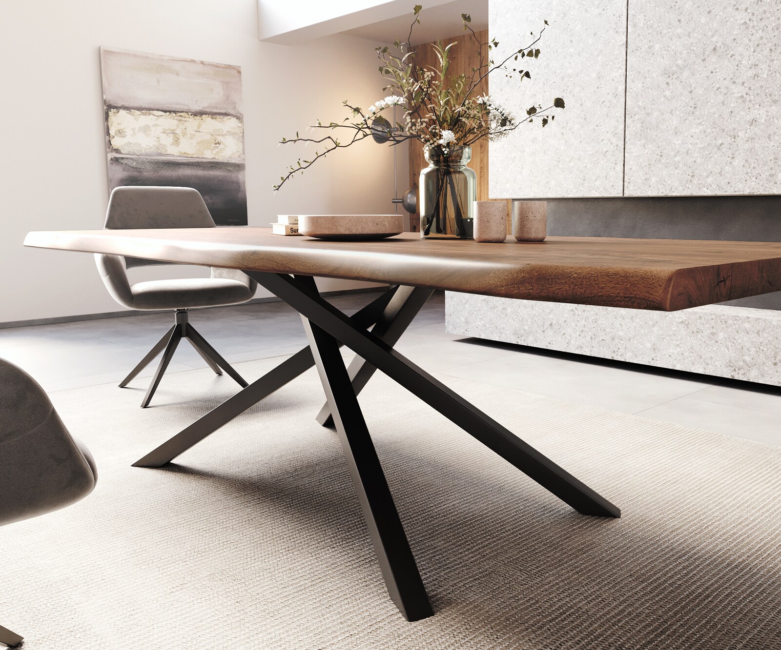 Трапезна маса Edge 260x100 XL от акация, кафява, с кръстообразна рамка, правоъгълна, черна, с естествени ръбове 4