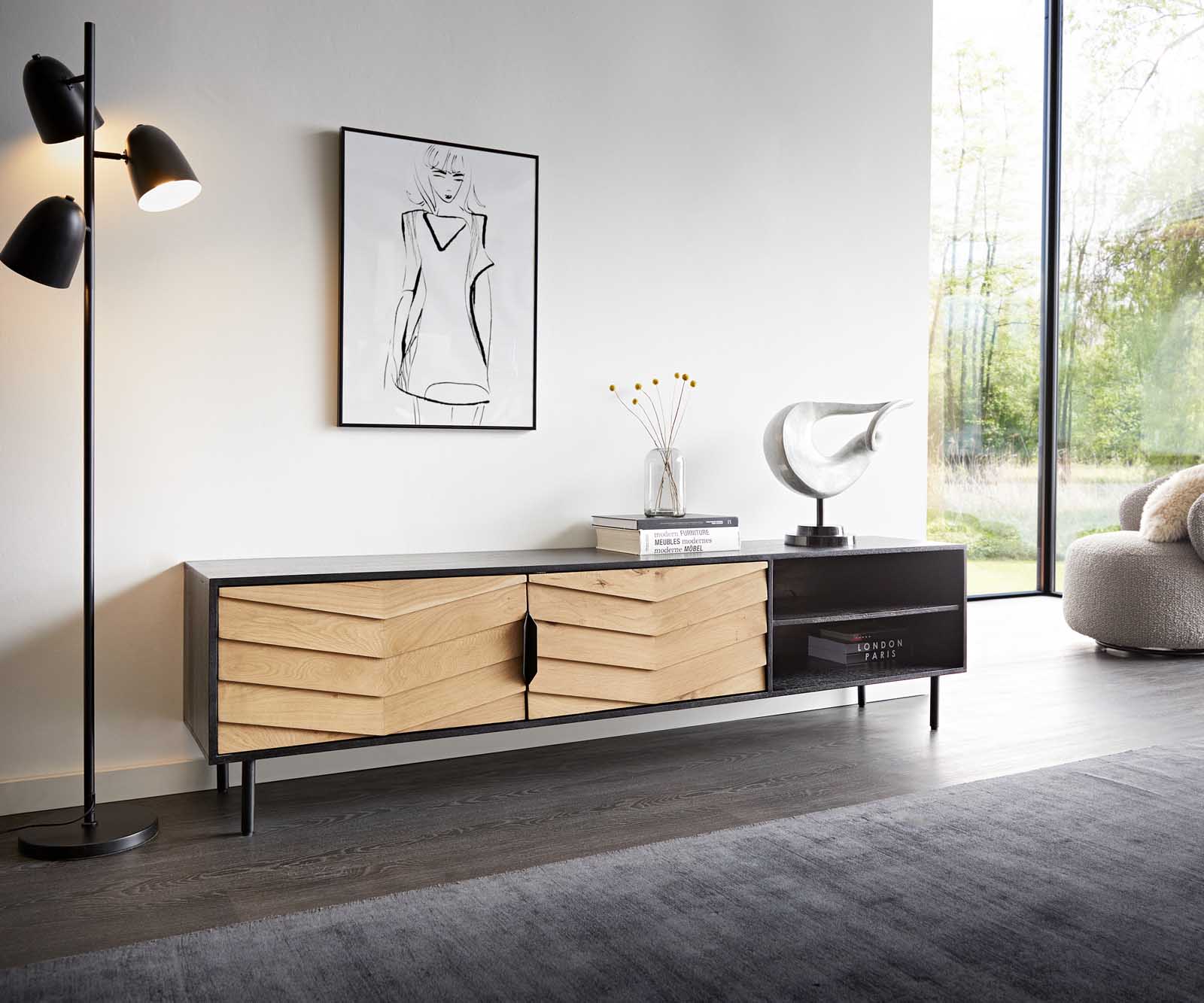 ТВ шкаф Muvi 200 cm естествен дъб манго черен метал 2 врати 2 отделения
