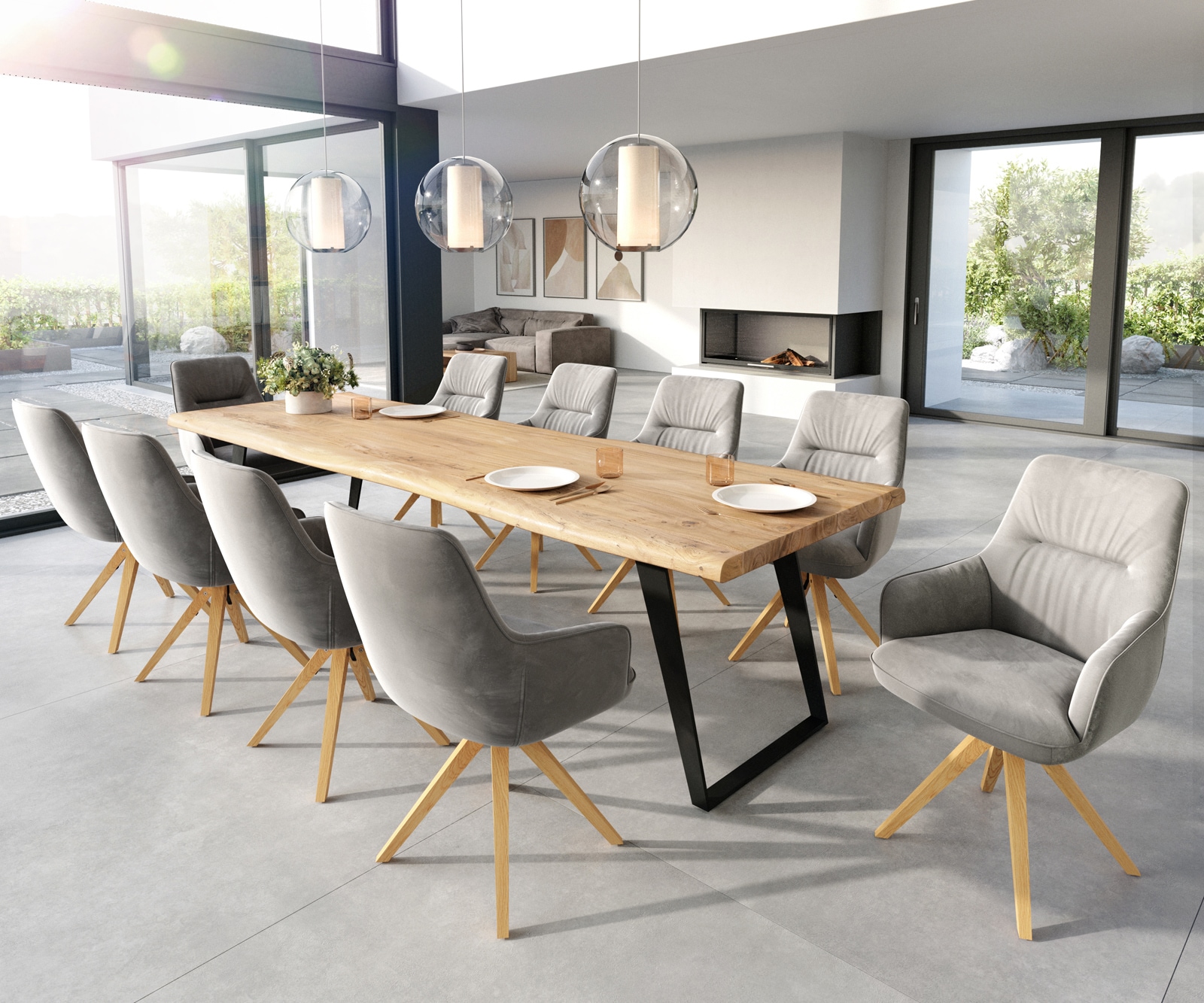 Врътящ се стол с подлакътници Кадифе Сив Дървена рамка  180° въртящ се Покет пружина Zelia-Flex 4