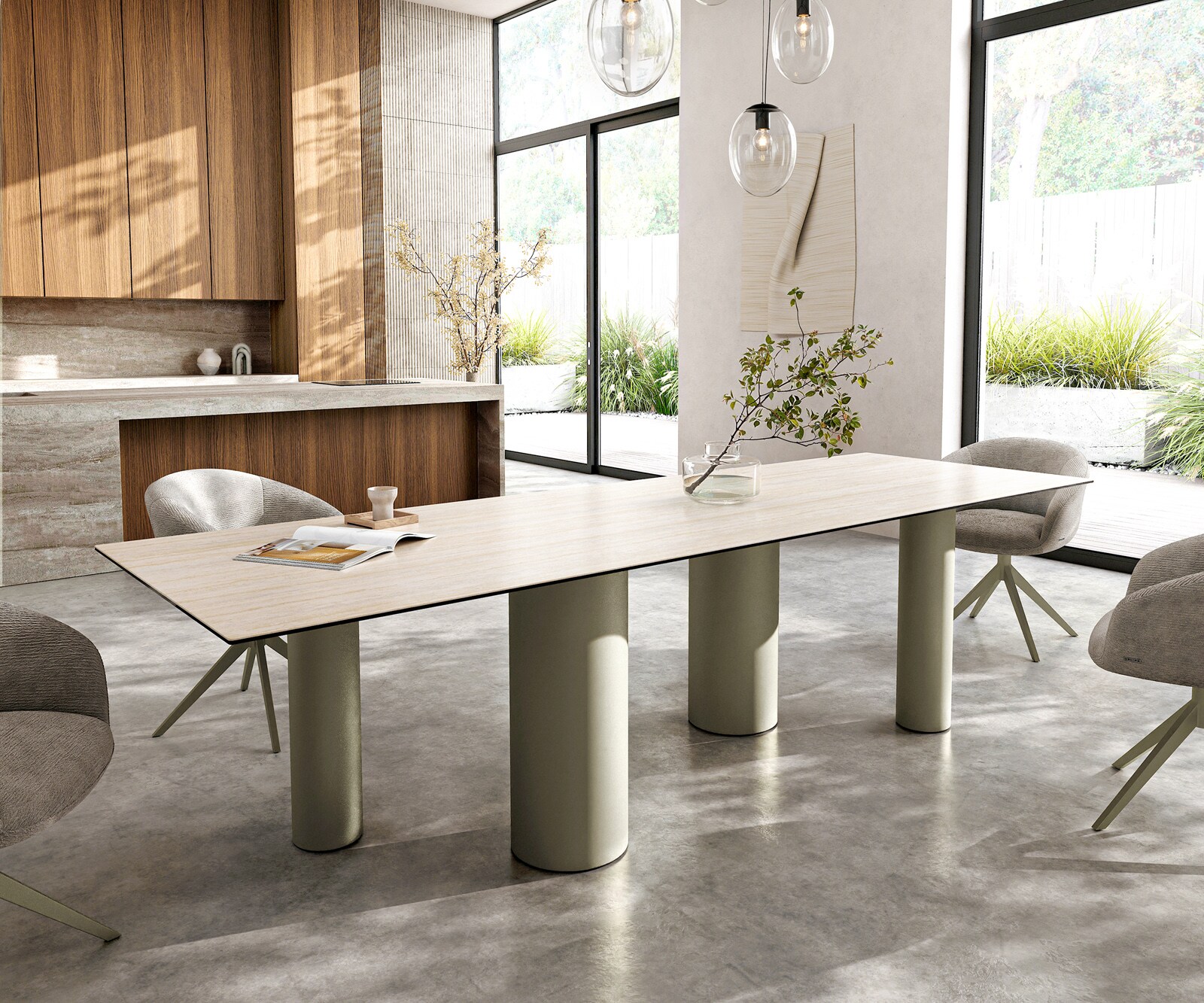 Трапезна маса Edge 300x100, керамика Laminam „®“, Travertino Bianco (кремаво-бял), метални колони с титанов ефект 1