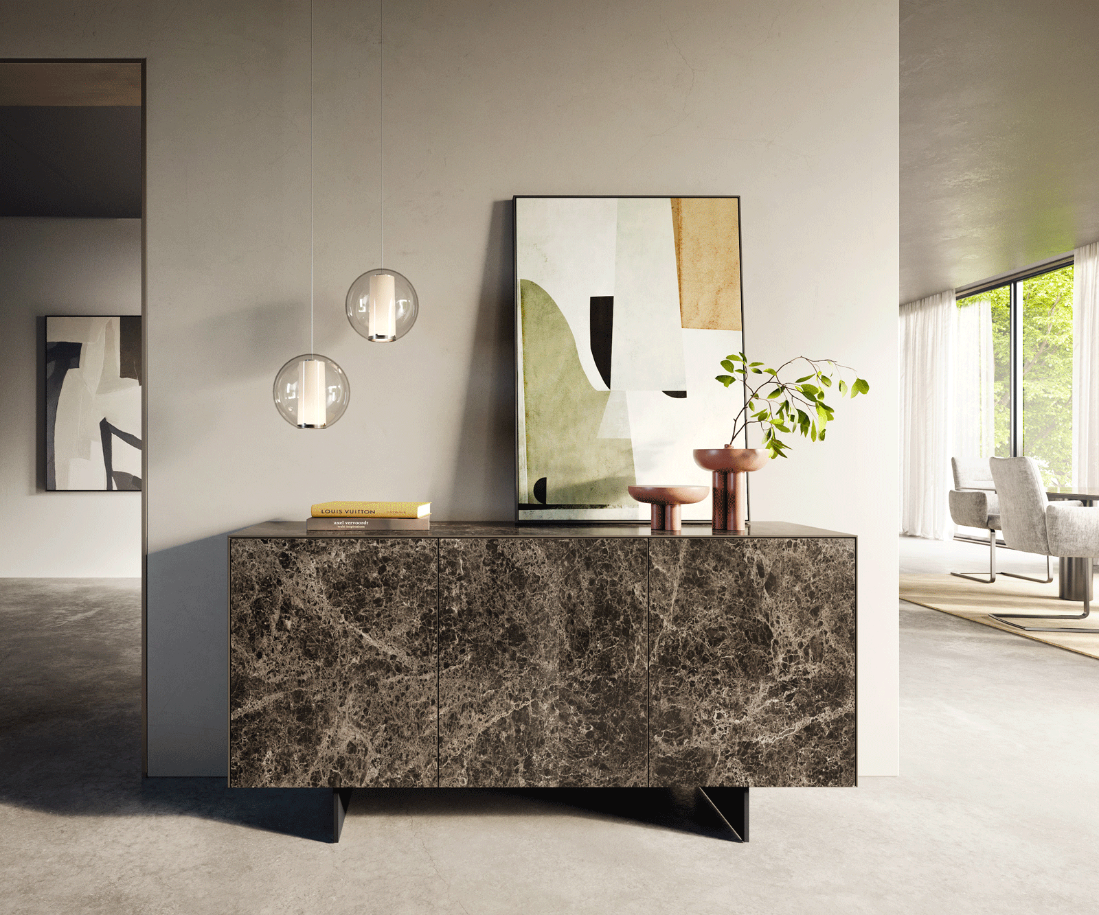 Бюфет Cuor 150 cm Керамичен ламинат® Emperador Extra Lucidato Тъмно кафяво 3 врати Основа Окачен поглед Метал Черно 2