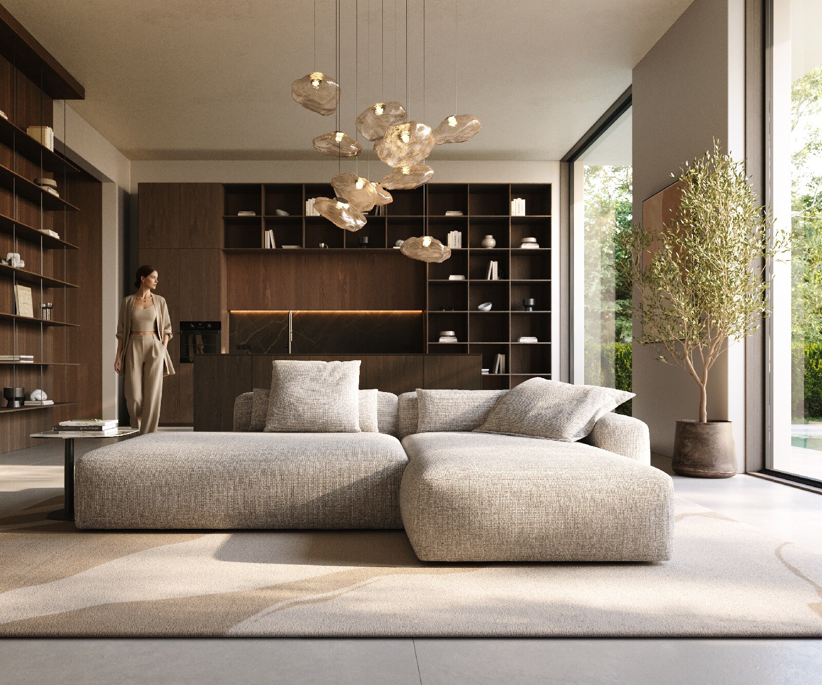 Ъглов диван Freestyle 310x200 cm тъкан мека бежова прошивка