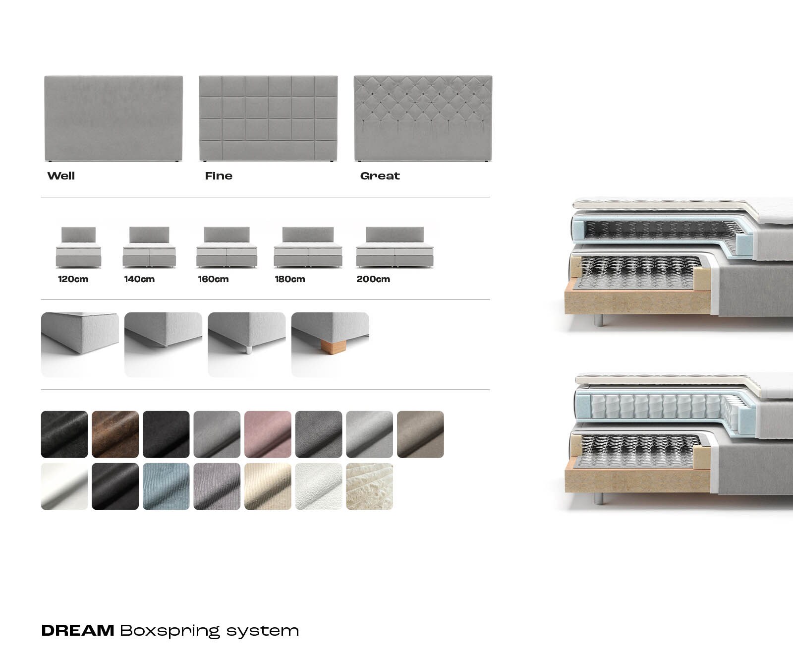 Boxspring легло Dream-Well Cord сребристо сиво 200x200 cm с джобен пружинен матрак и топер Visco 6