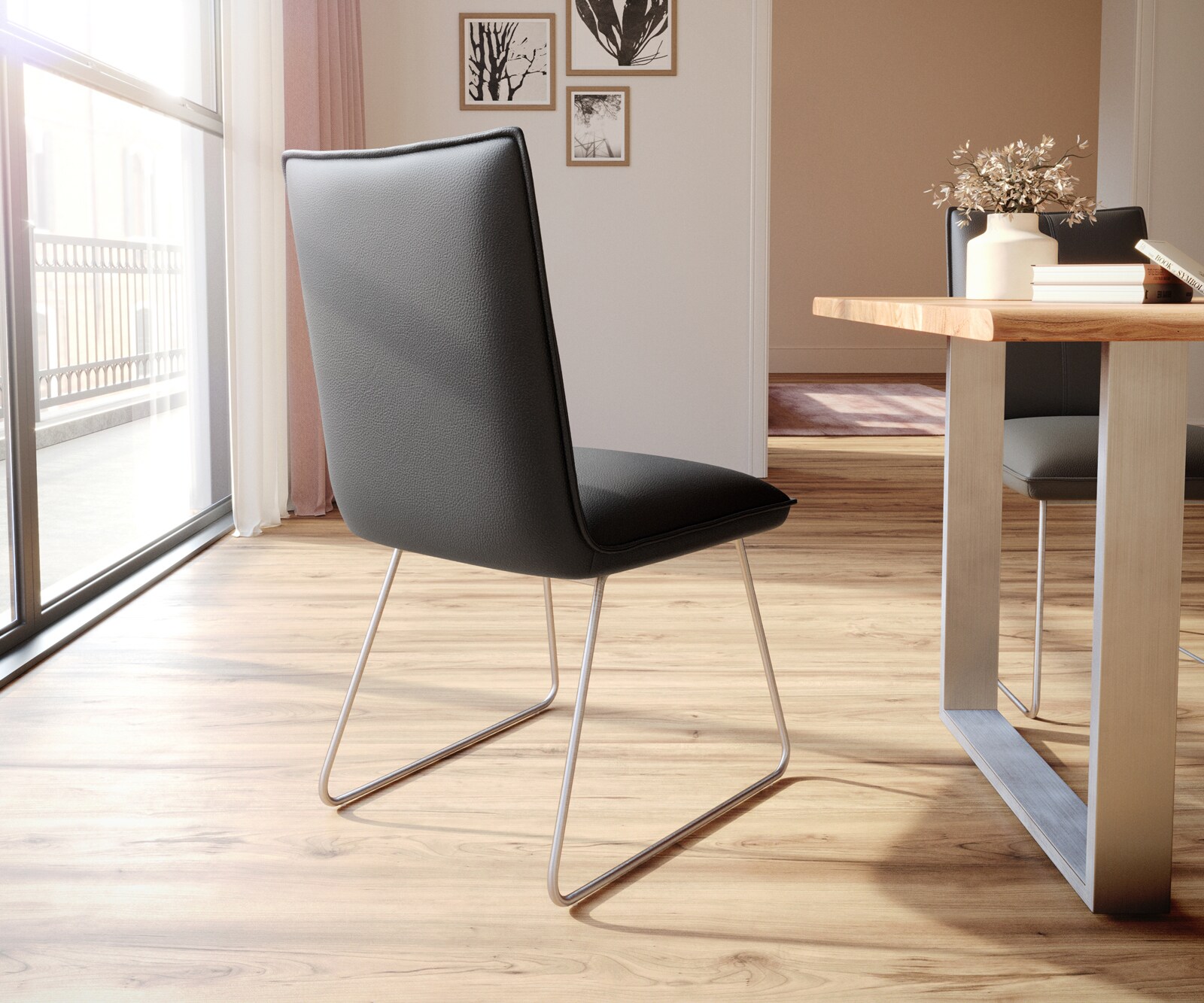 Трапезен стол Естествена кожа Черен Извити крака Неръждаема стомана  Покет пружина Lelio-Flex 5