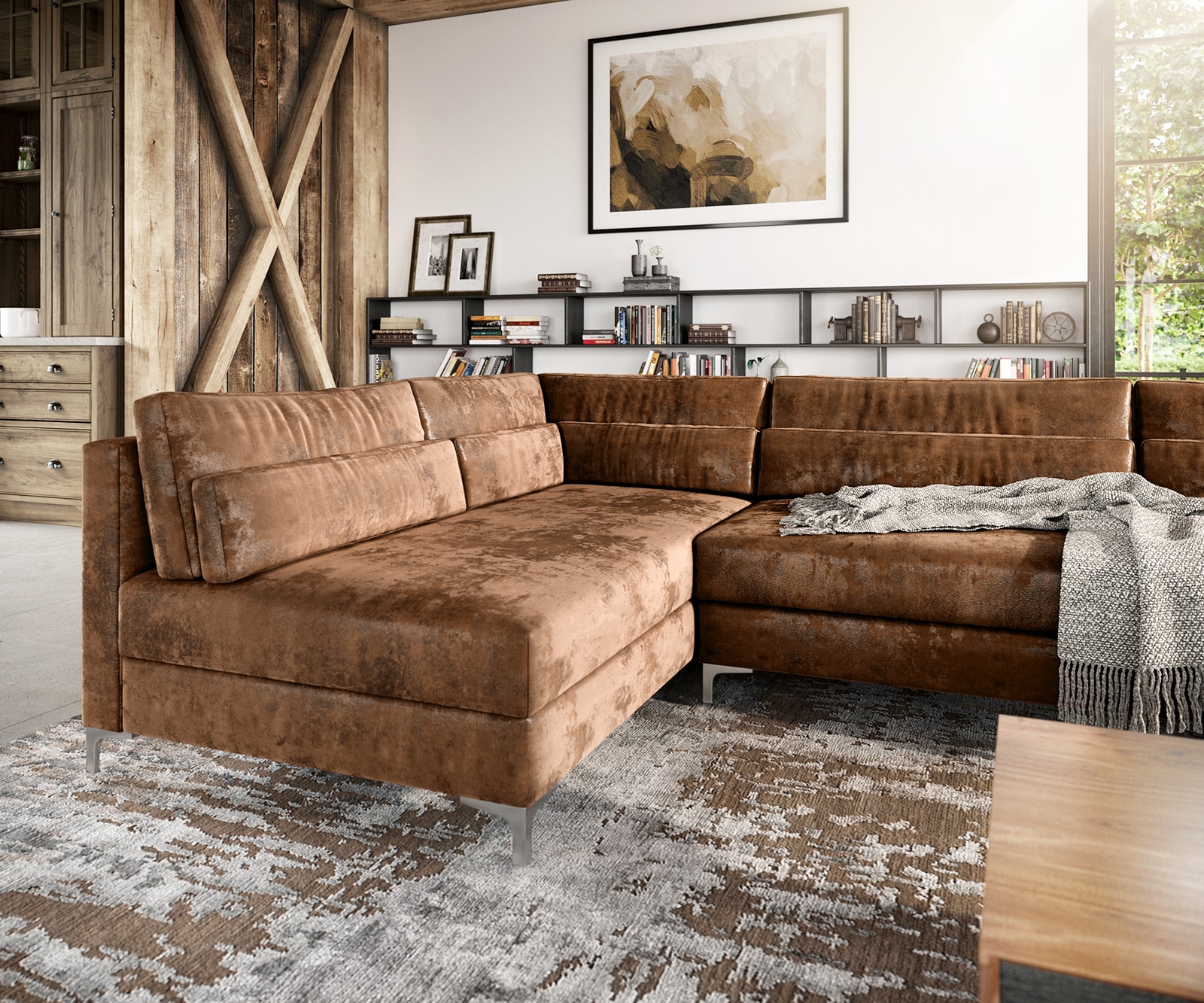 300x185 cm Имитация на кожа Винтидж Кафяв Антик с Табуретка Elio 4  300x185 cm Имитация на кожа Винтидж Кафяв Антик с Табуретка Elio 4