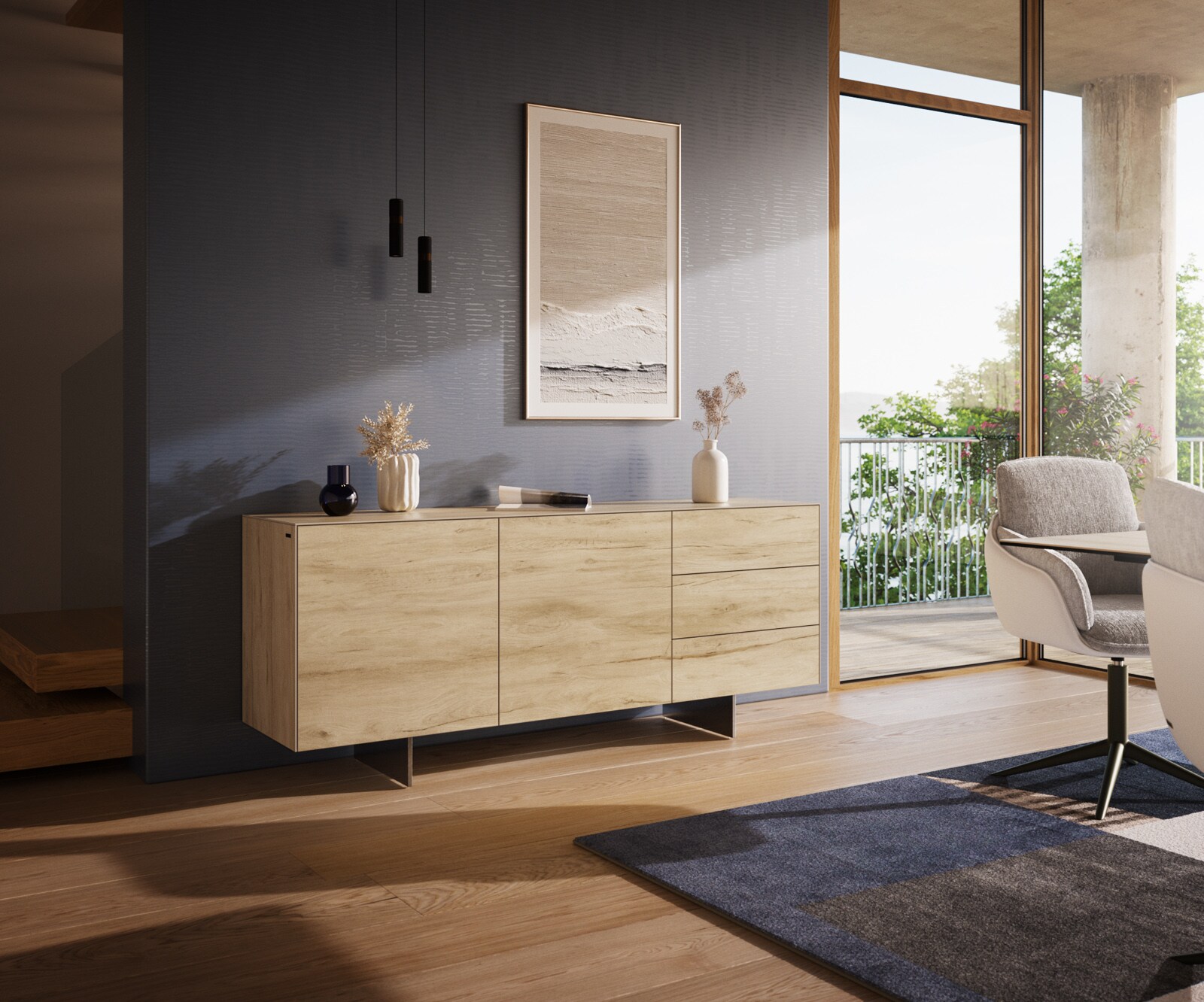 Бюфет Cuor 180 см Керамичен ламинат® Sabbia Дъбов цвят 2 врати 3 чекмеджета Основа Плаващ вид неръждаема стомана