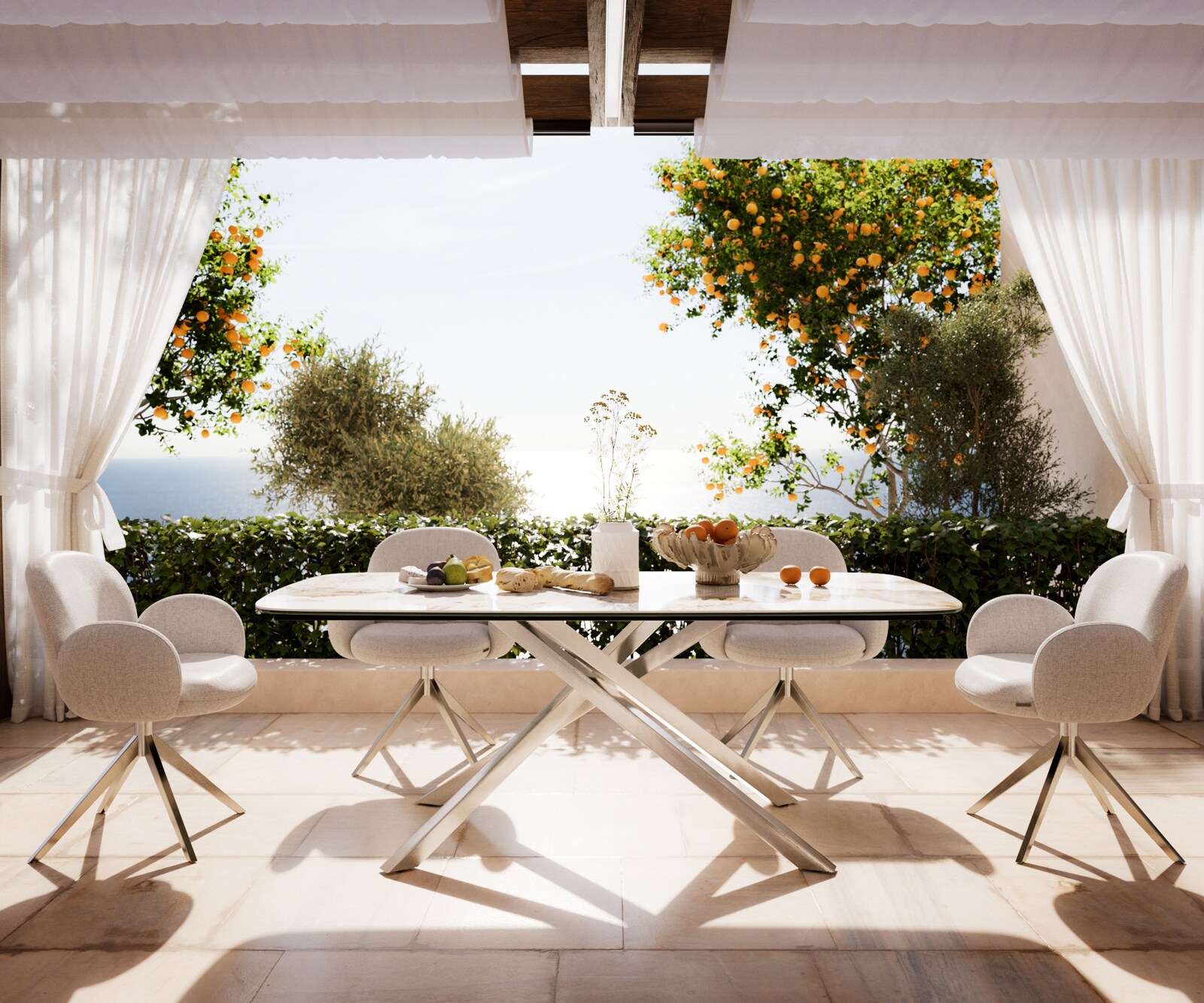 Маса Edge тип Лодка 200x100 см, керамика Minas Melange, бяло-бежова, подходяща за външна употреба, кръстосана рамка, правоъгълна, неръждаема стомана 2