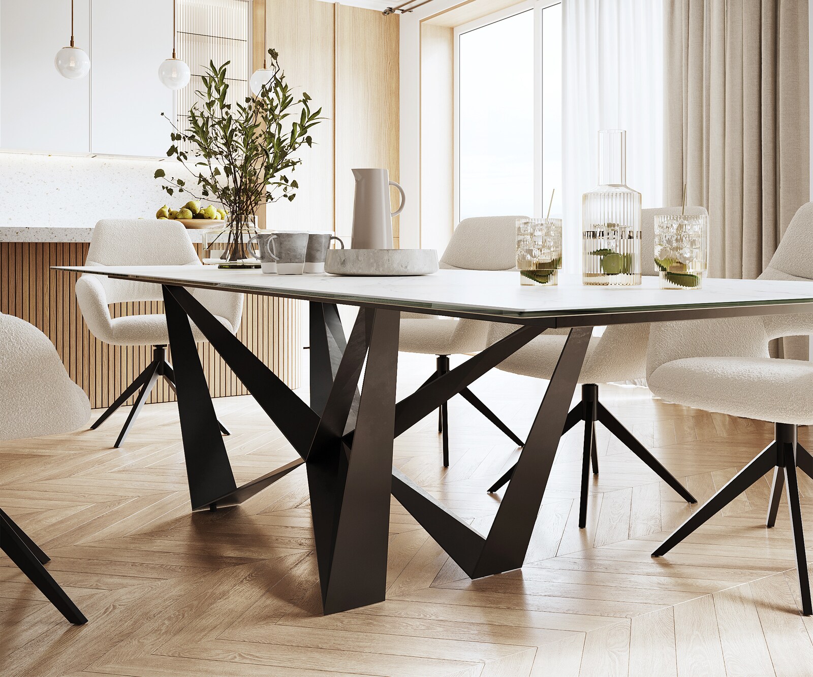 Маса 300x100cm Keramik Laminam®Statuarietto Бял среден крак плоска стомана Черен Edge 5