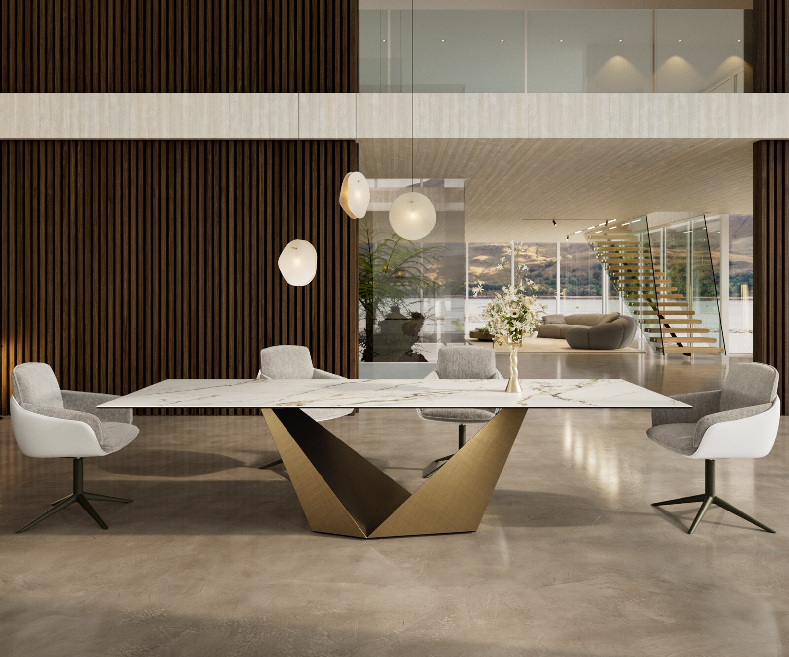 Трапезна маса Edge 300x100 керамика Calacatta Luxe бяло-златисто-сиво Prisma Metallic Gold