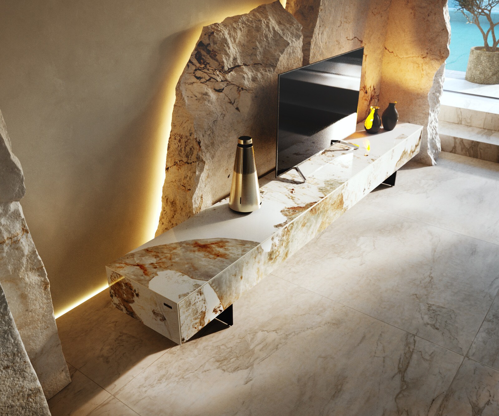 Ниска дъска Cuor 250 cm Керамика Minas Melange Бяло-бежово 1 клапа 1 чекмедже Основа Плаващ вид Метал Черно 4